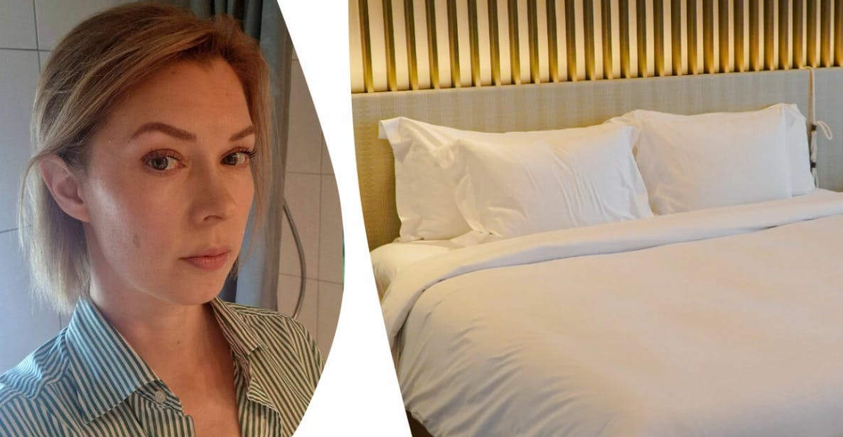 Portræt af skribent ved siden af billede af en hotelseng