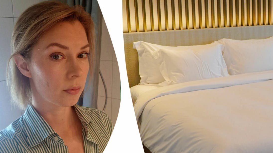 Portræt af skribent ved siden af billede af en hotelseng