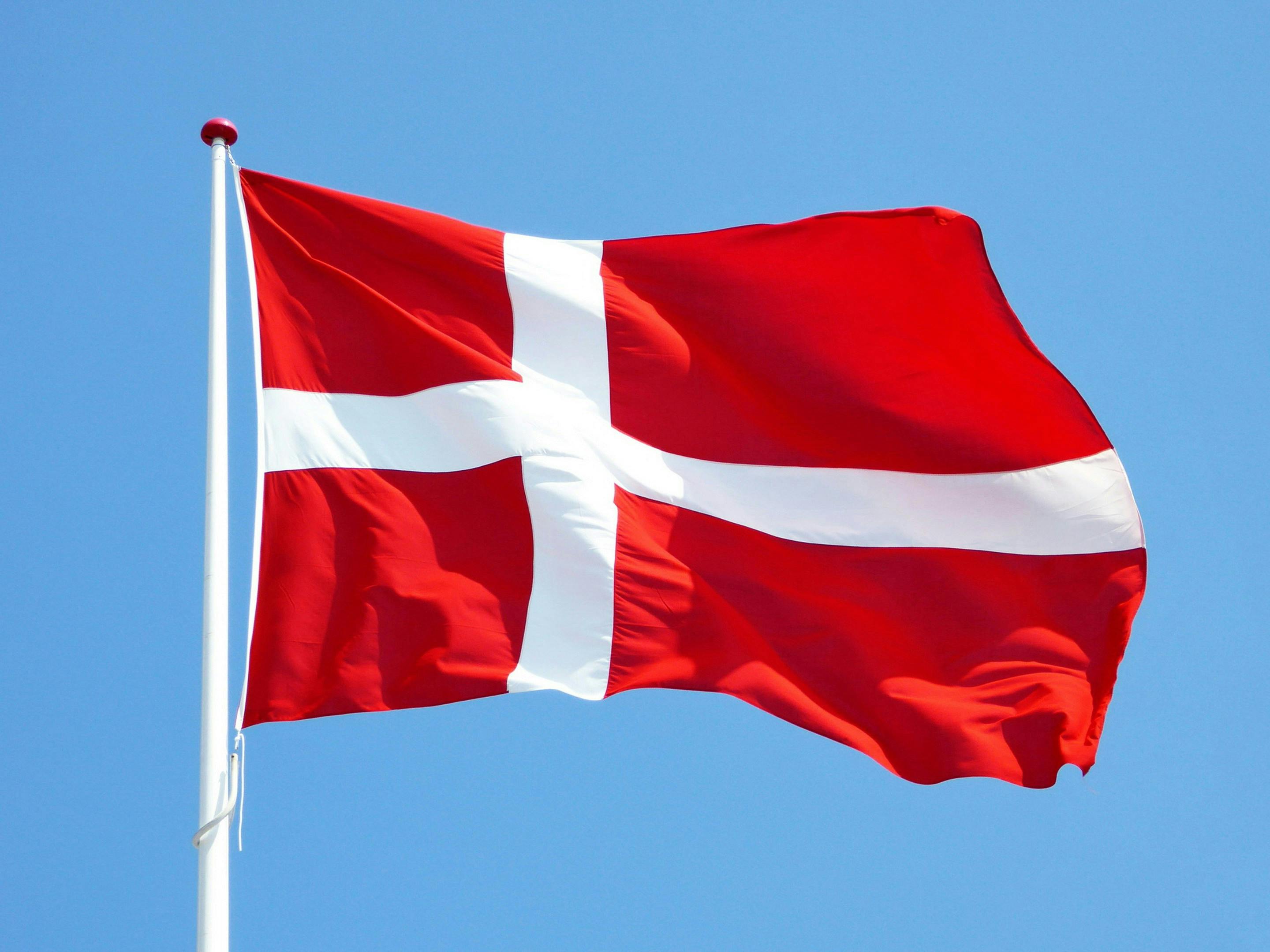 Dannebrog, der vajer i vinden med blå himmel i baggrunden.