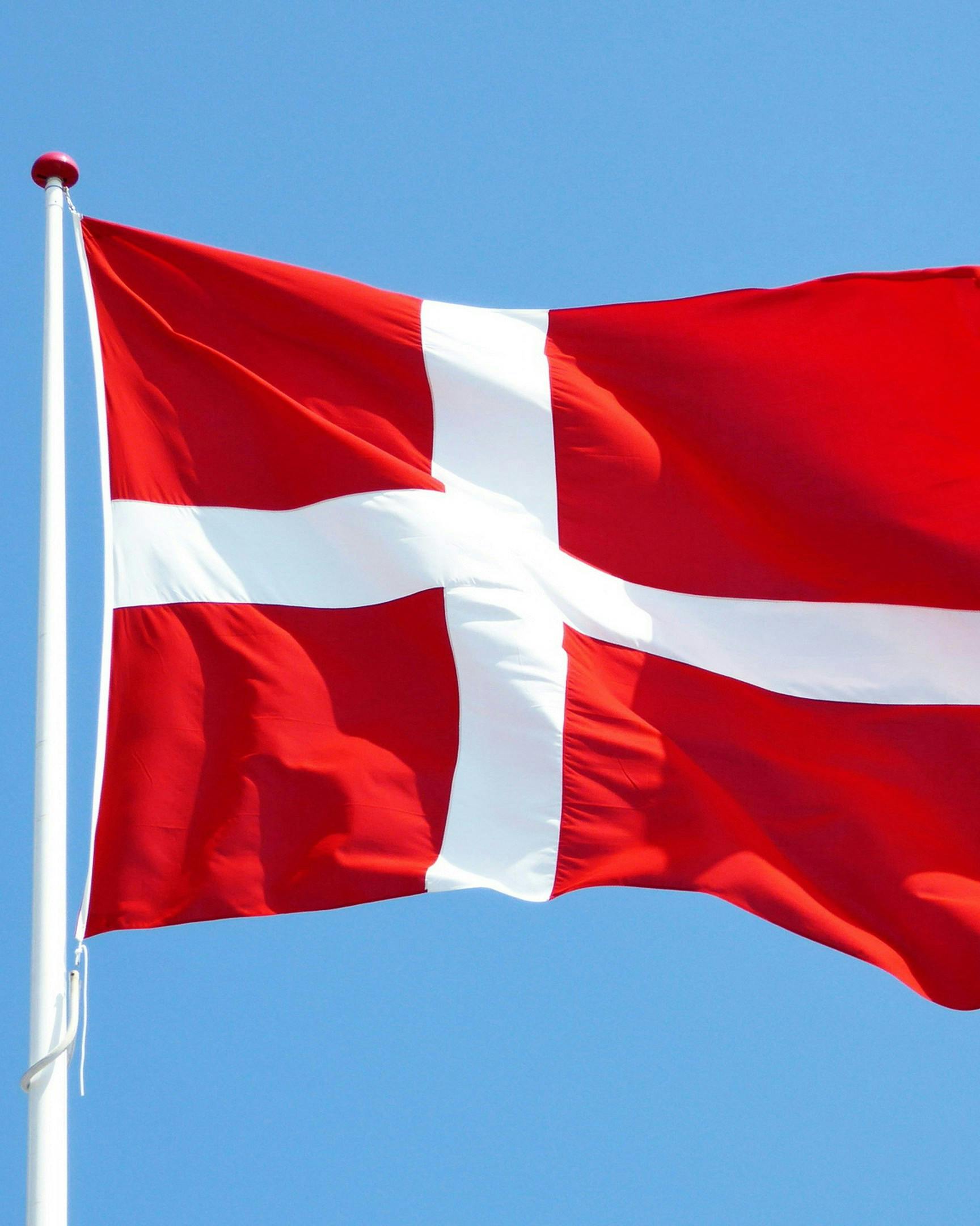 Dannebrog, der vajer i vinden med blå himmel i baggrunden.