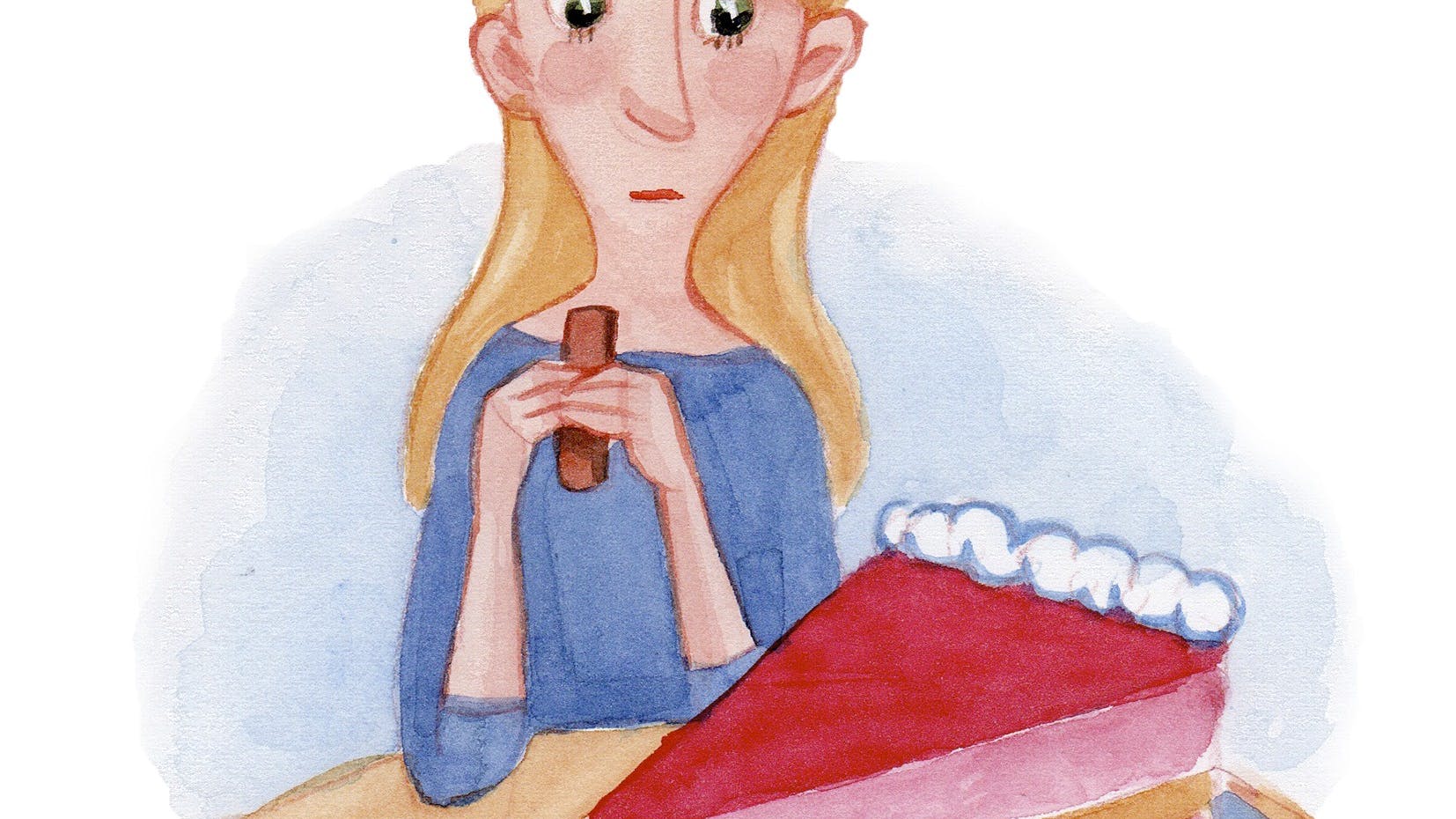 Tegning af pige der kigger på lagkage