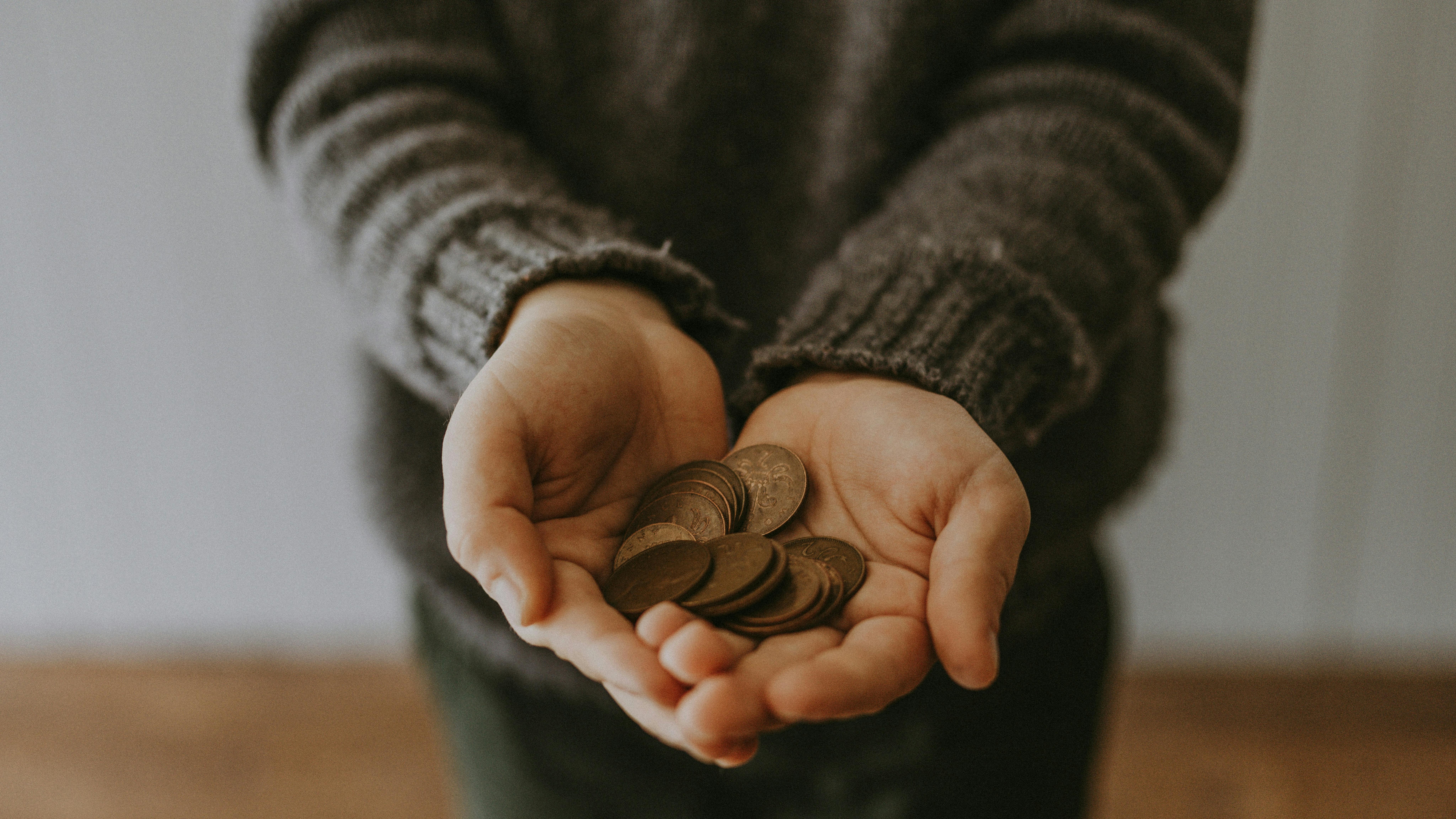 Hænder med nogle mønter i.