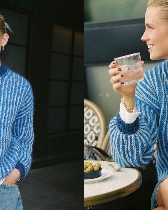 To billeder af kvinde i blå sweater
