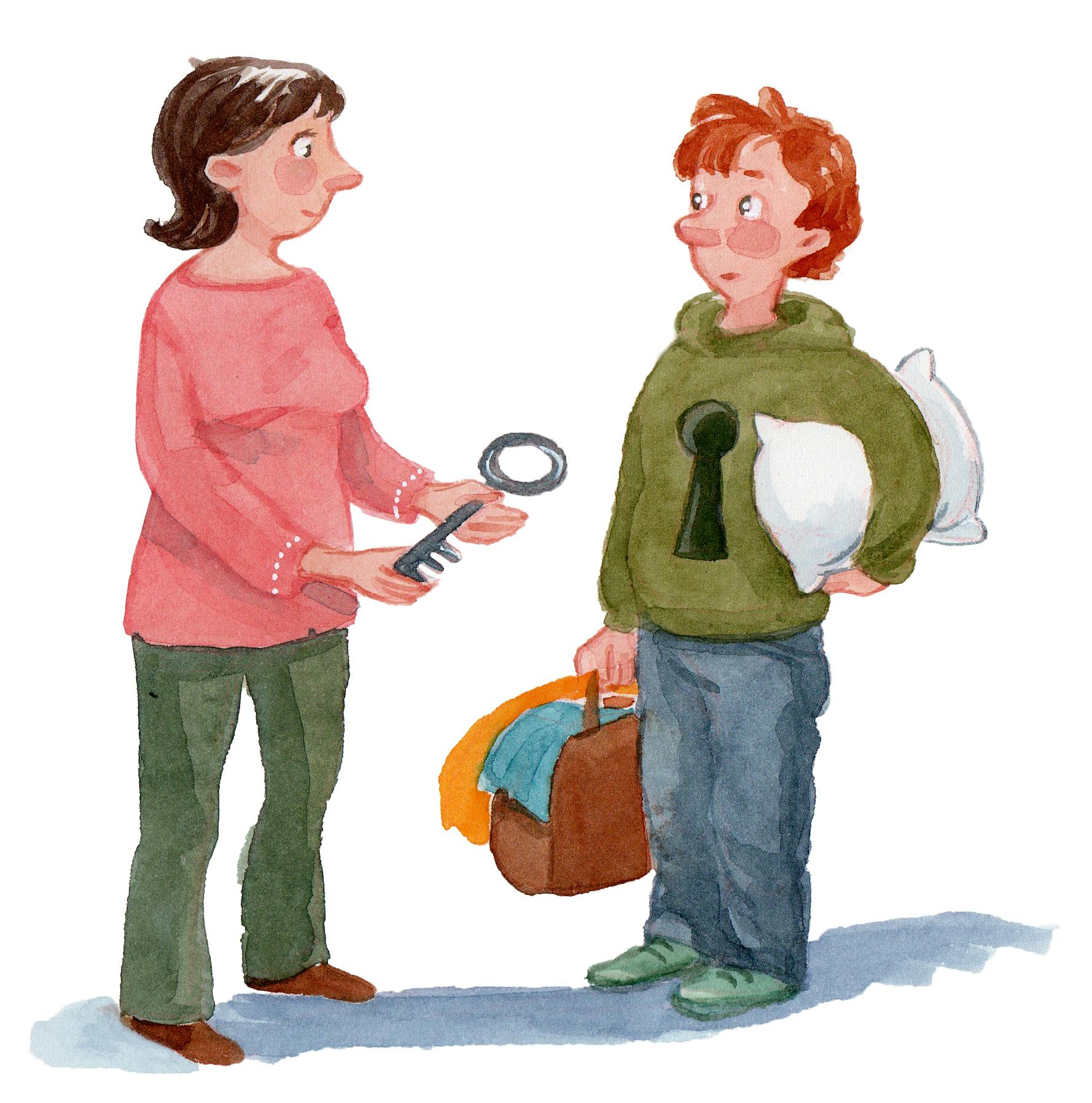 Tegning af kvinde, der giver sin nøgle til en ung mand