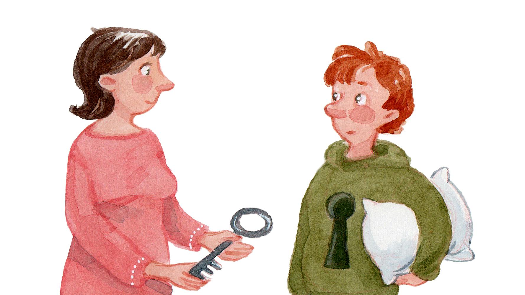 Tegning af kvinde, der giver sin nøgle til en ung mand