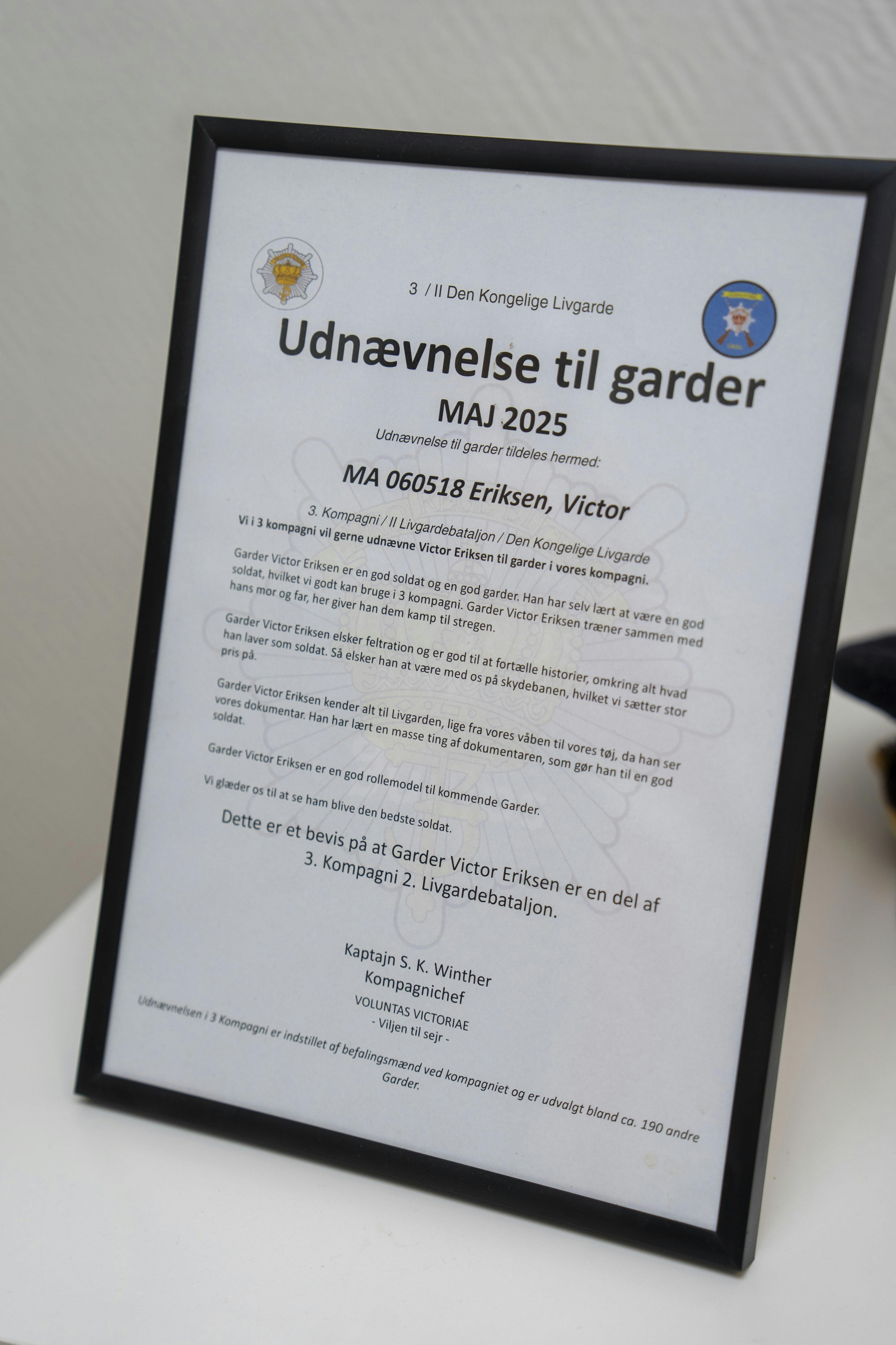 Victors udnævnelse til garder af 3. kompagni.