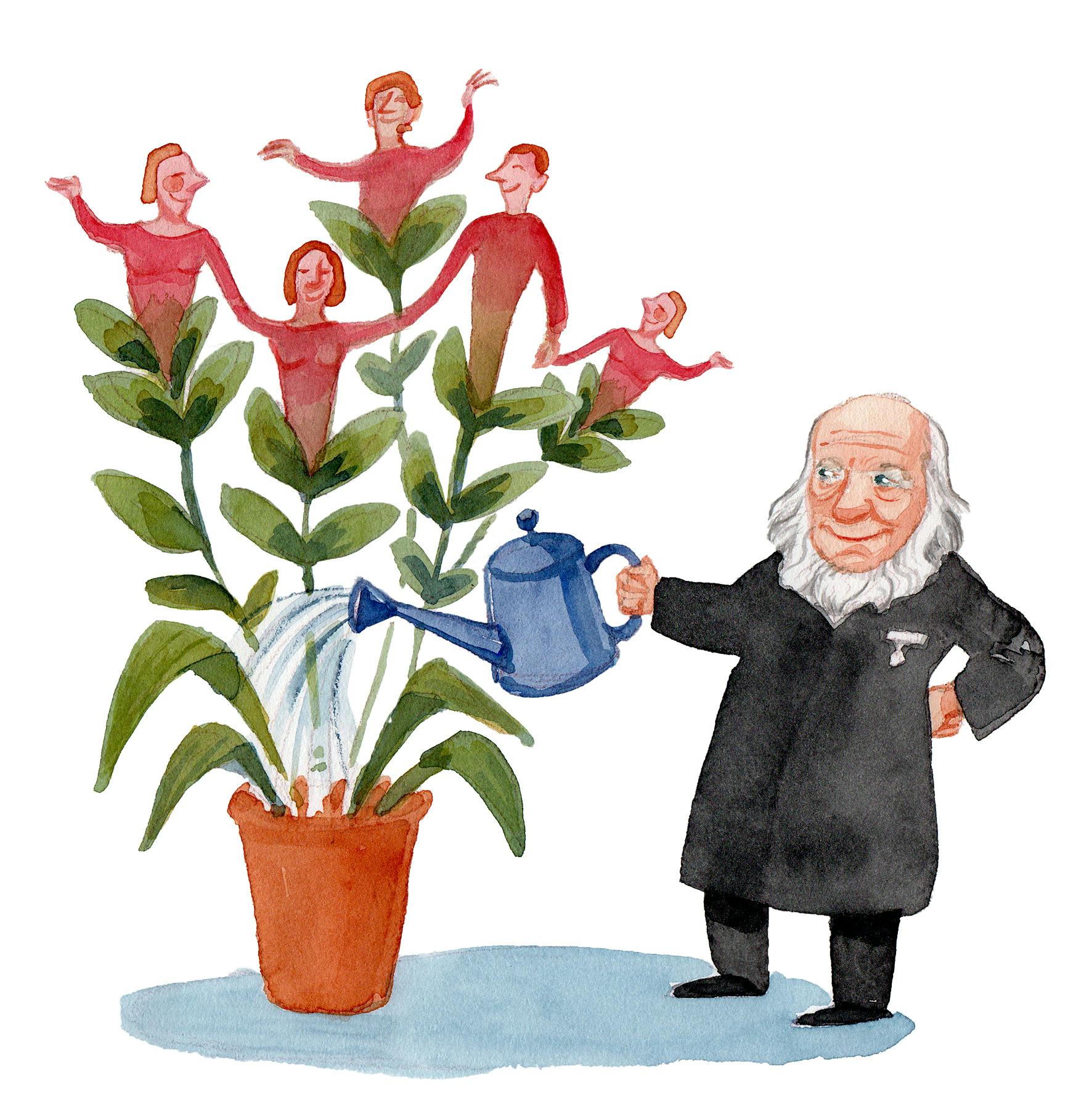 tegning af Grundtvig der vander planten