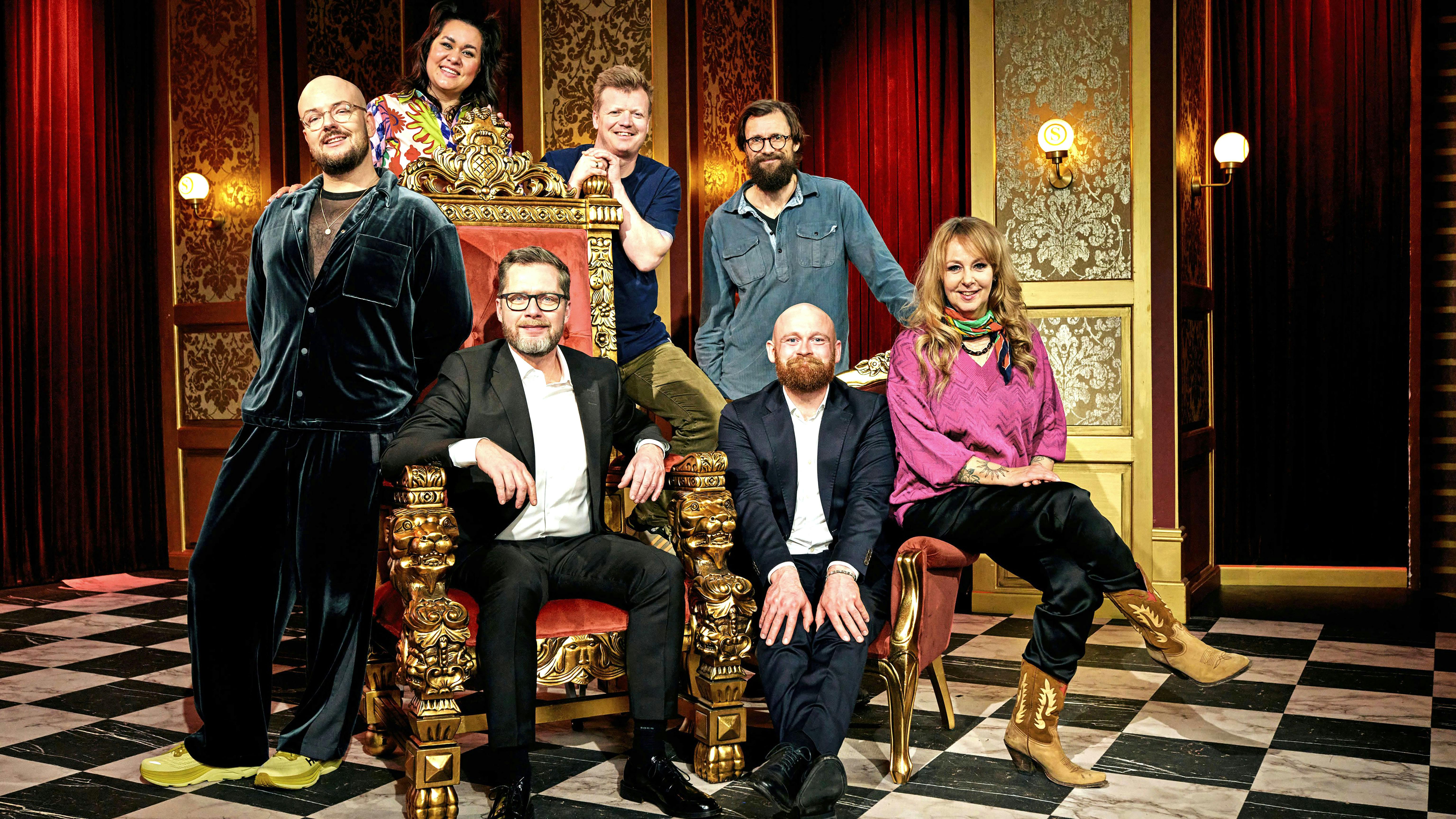 Mark le Fêvre, Lasse Rimmer, Carsten Eskelund, Mathias Helt, Natasha Brock, Puk Elgård og Tobias Dybvad i underholdningsprogrammet "Stormester".