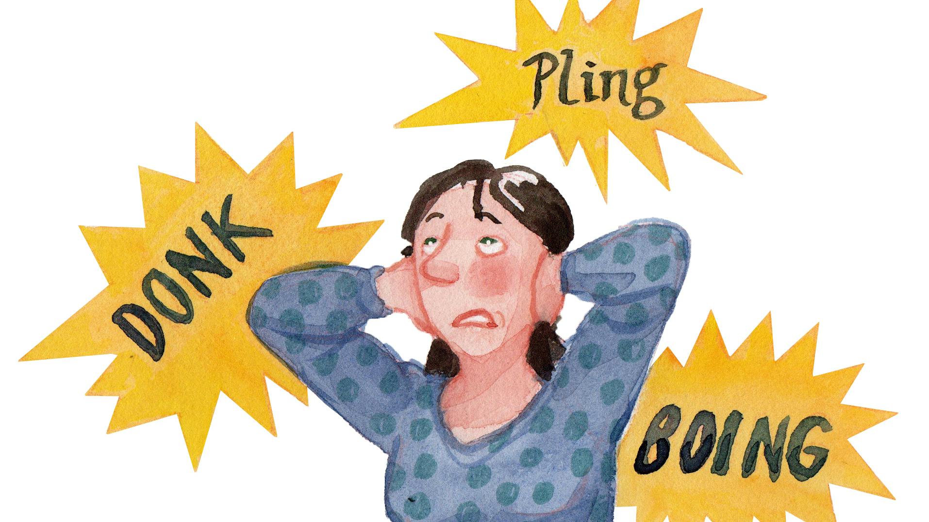 Tegning af kvinde, der holder sig for ørerne