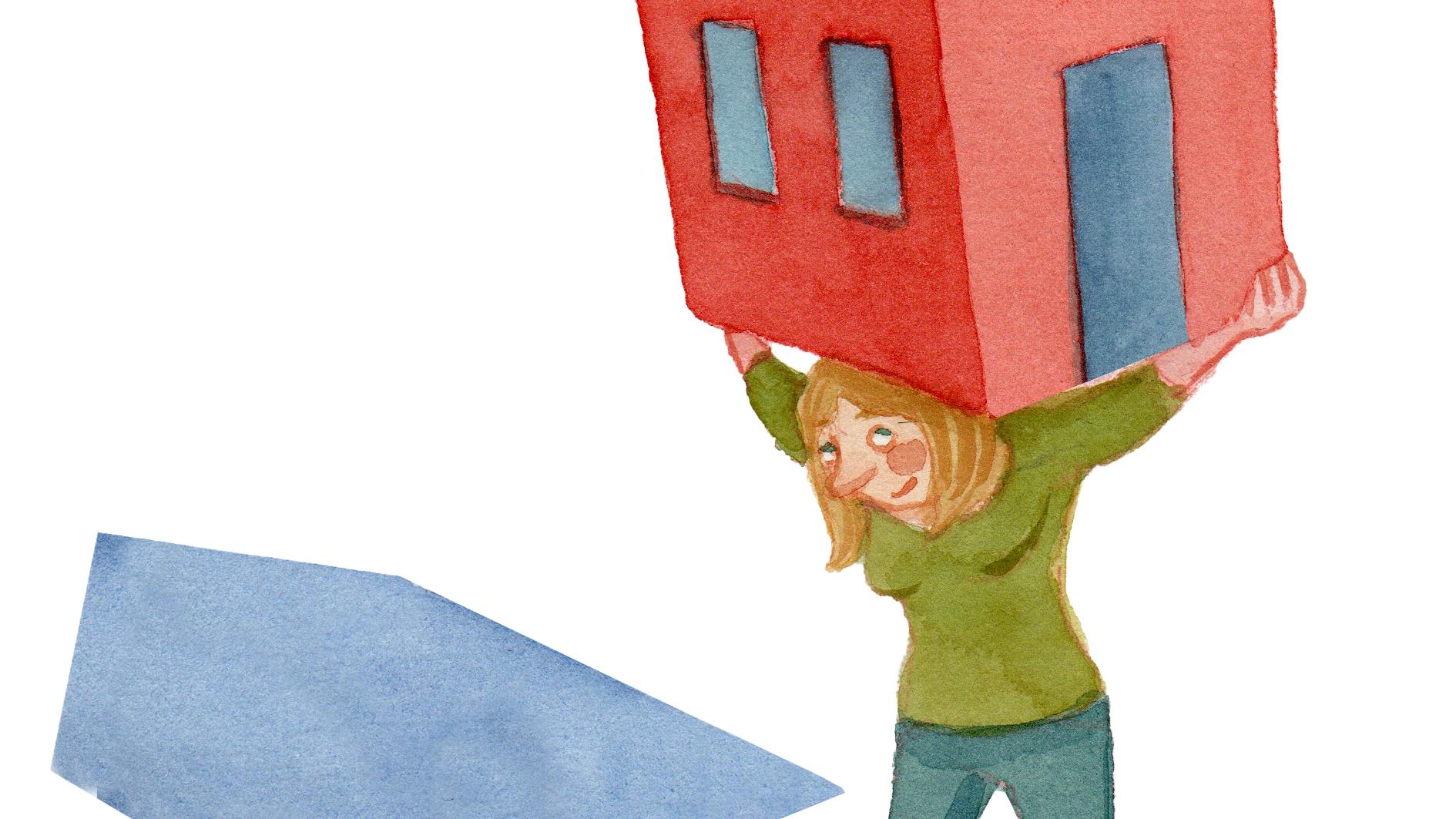 Tegning af kvinde der bærer et hus