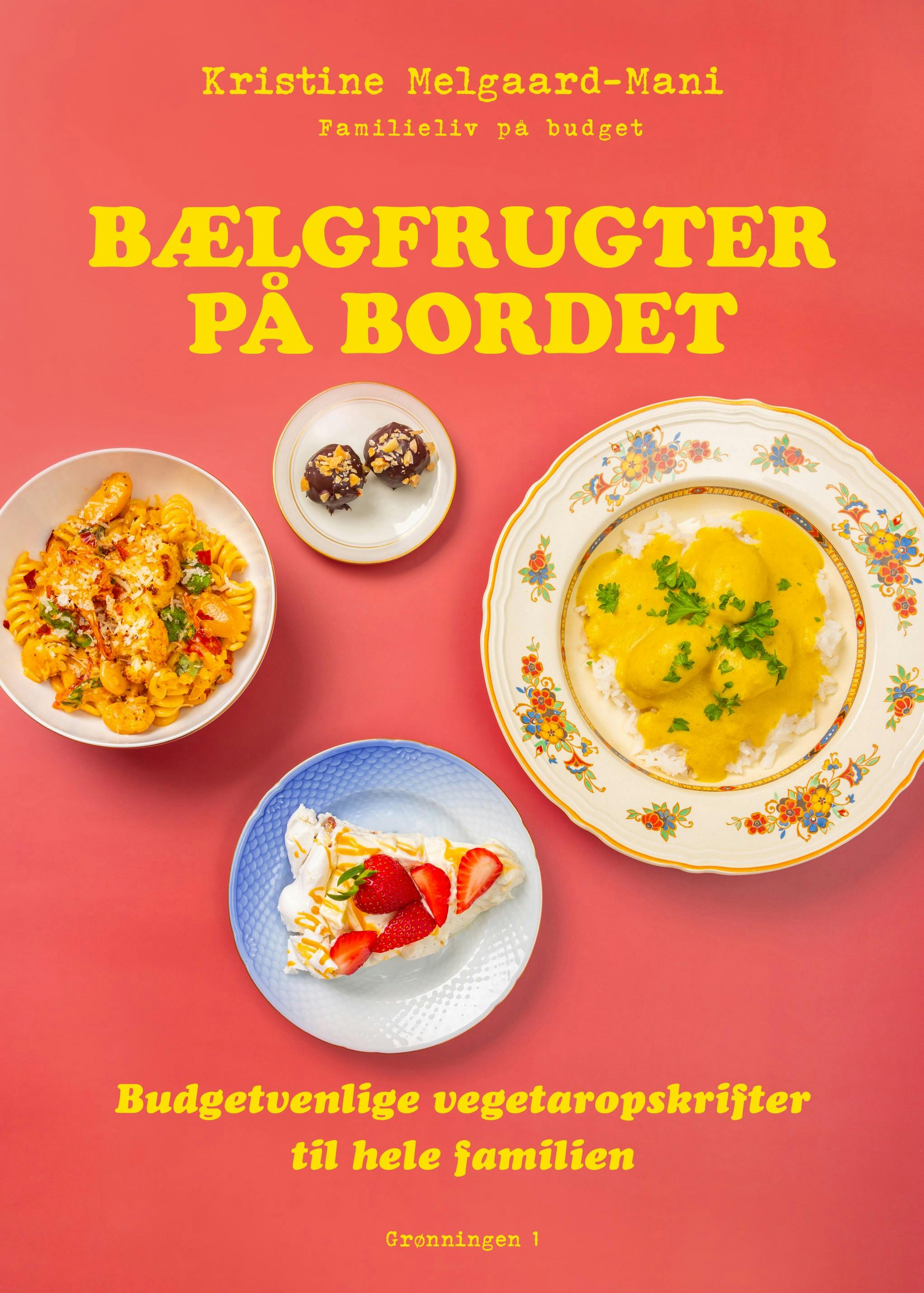 Rød bogforside med gule bogstaver og billeder af retter med bælgfrugter