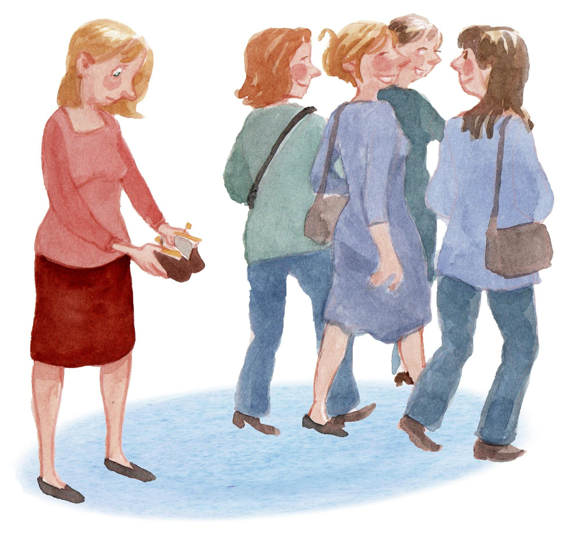 tegning af en gruppe kvinder, hvoraf en er holdt lidt ude