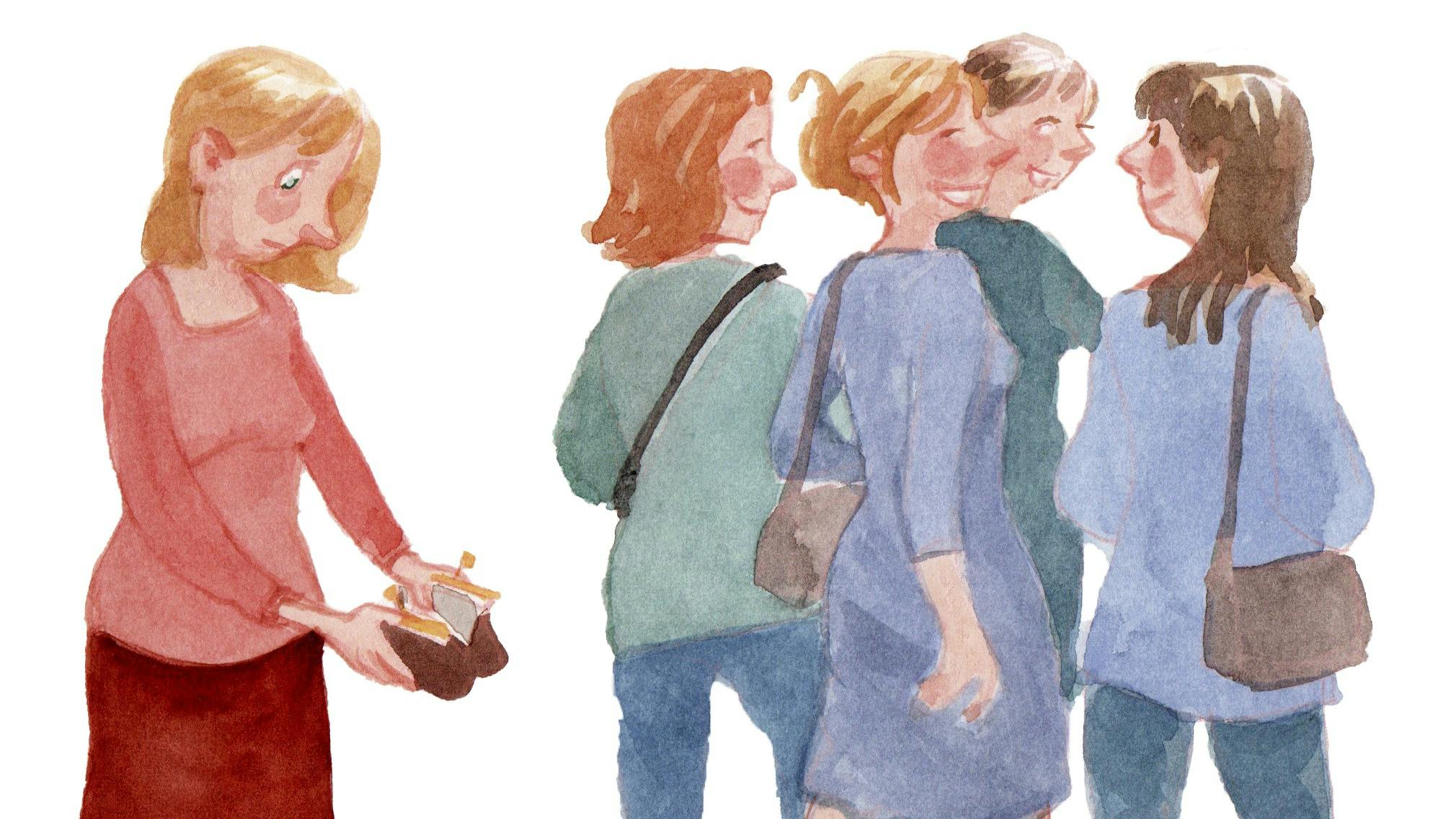 tegning af en gruppe kvinder, hvoraf en er holdt lidt ude