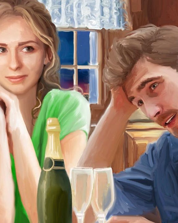 Kvinde og mand sidder ved et bord med en flaske champagne. Manden tager sig til hovedet og kvinden ser tænksom ud