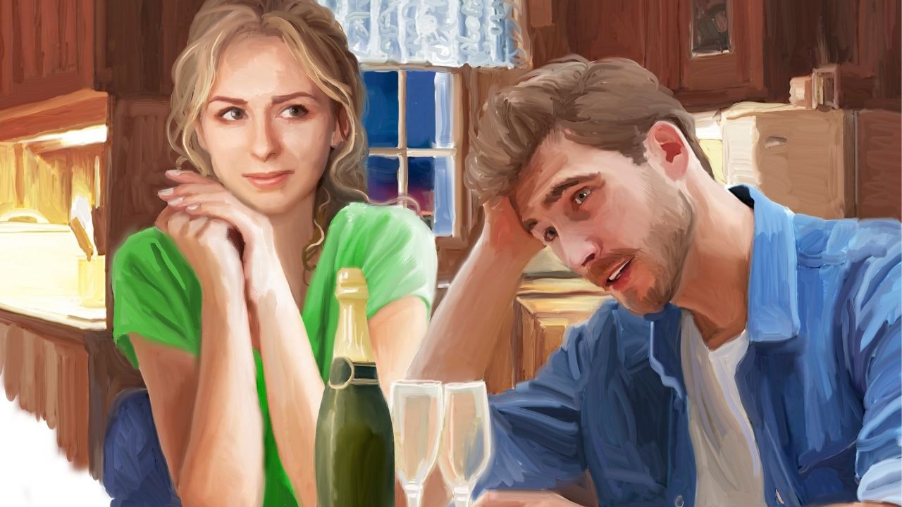 Kvinde og mand sidder ved et bord med en flaske champagne. Manden tager sig til hovedet og kvinden ser tænksom ud