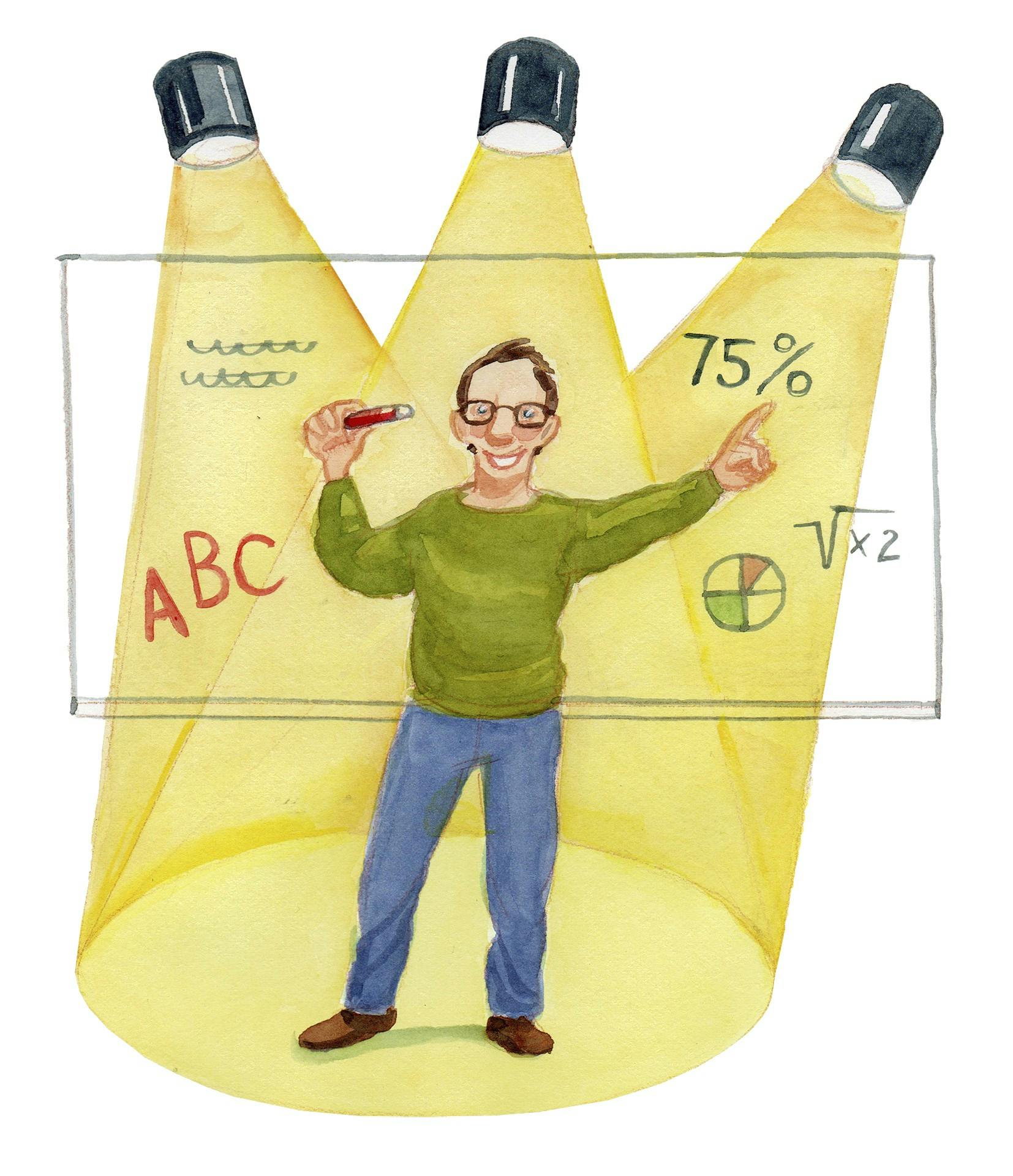 tegning af lærer der tegner og fortæller