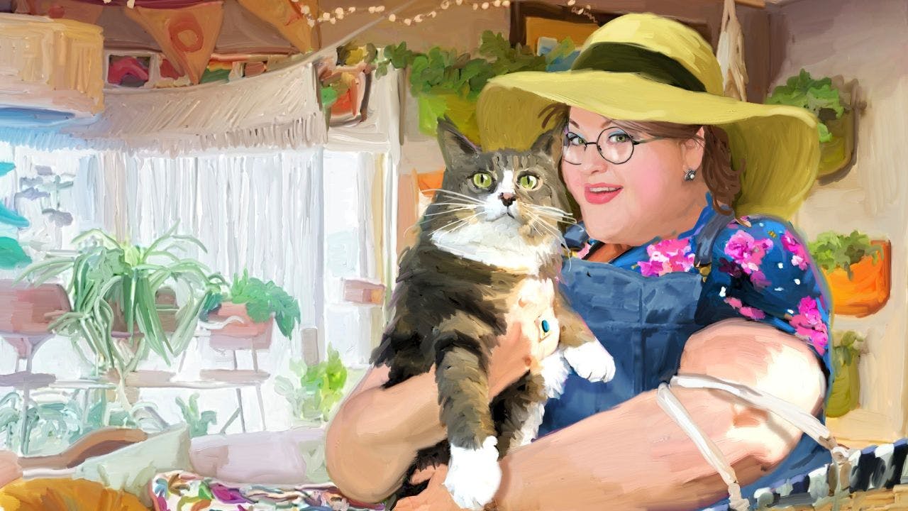 Kvinde holder kat i armene og smiler