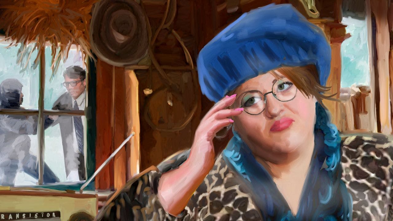 Kvinde tager sig bekymret til hovedet, imens to mænd skændes udenfor et vindue i baggrunden