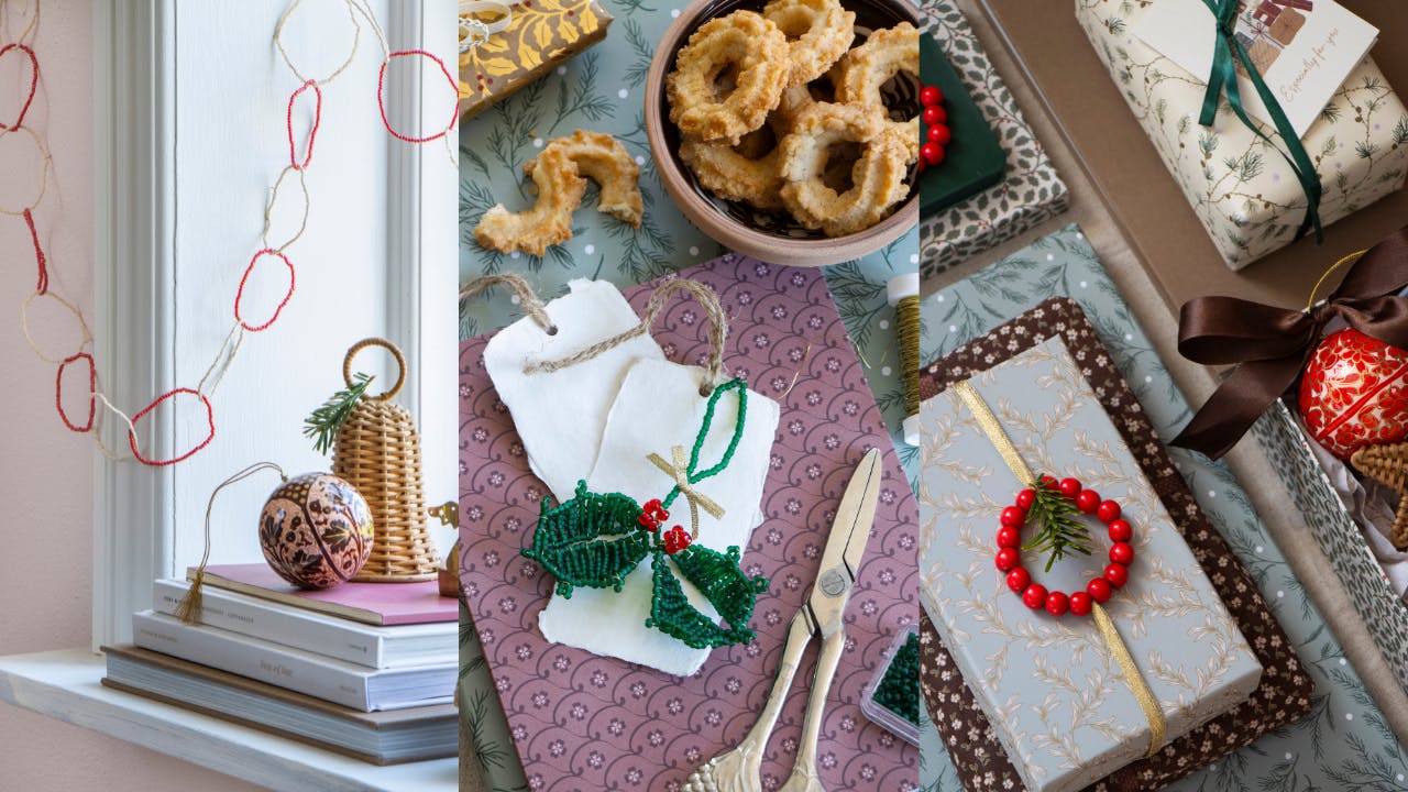 Guirlande, kristtorn og julekrans af perler