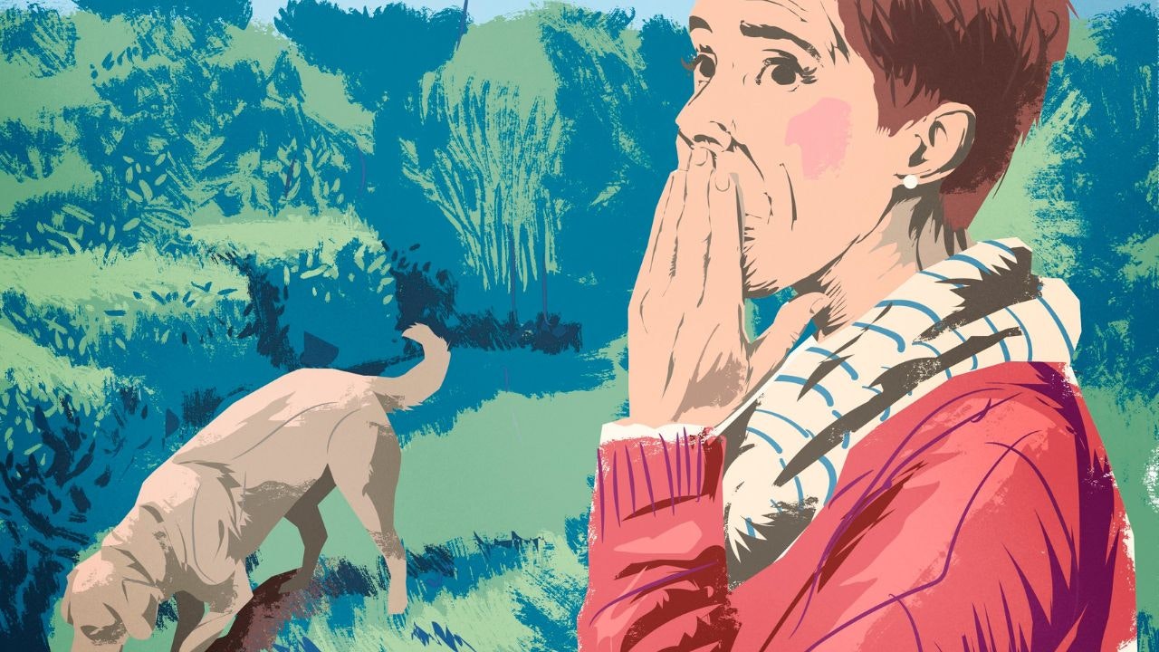 Tegning af kvinde, der holder munden for munden og kigger på en hund i et grønt område