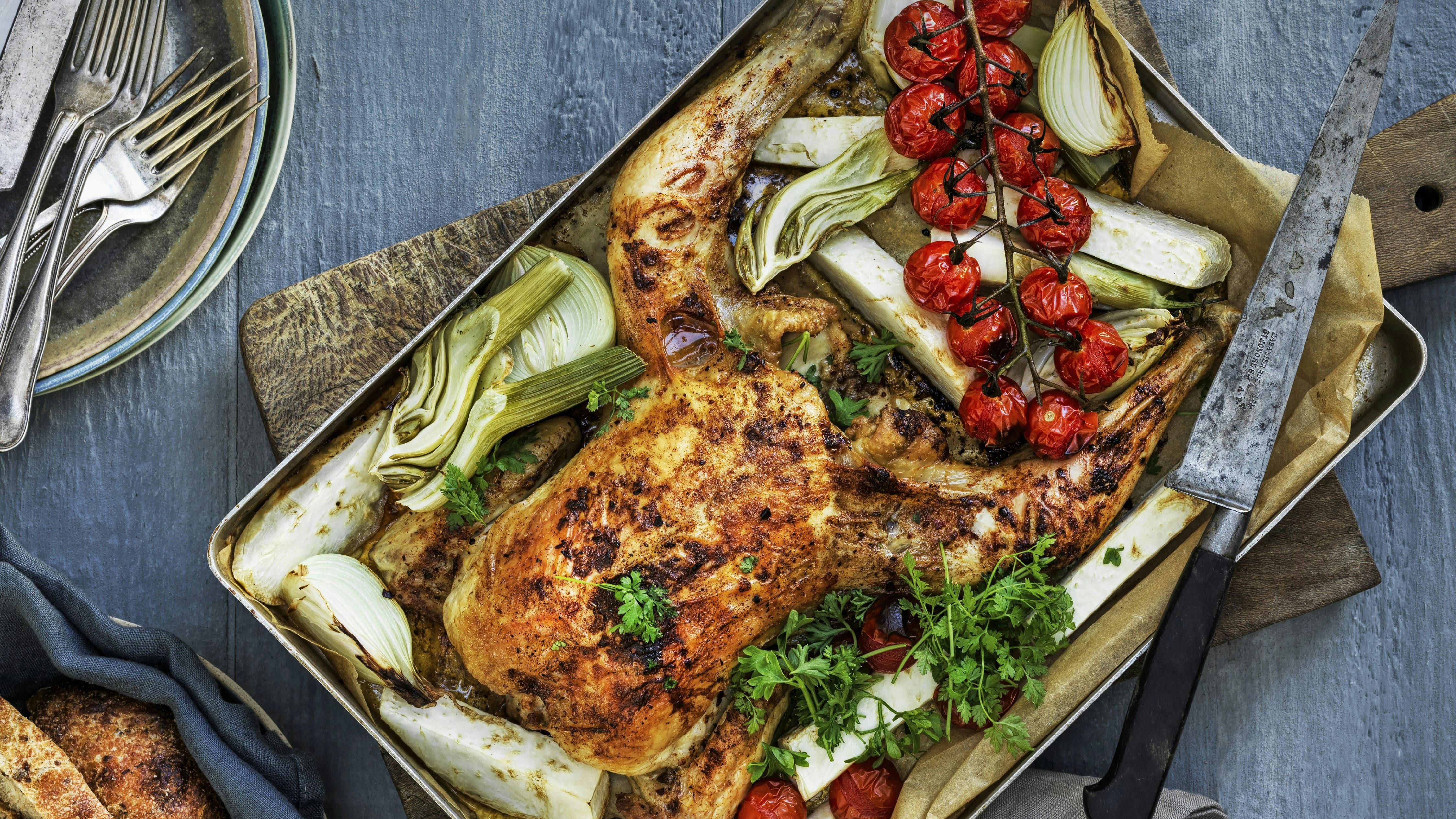 Helstegt kylling med harissa og rodfrugter.