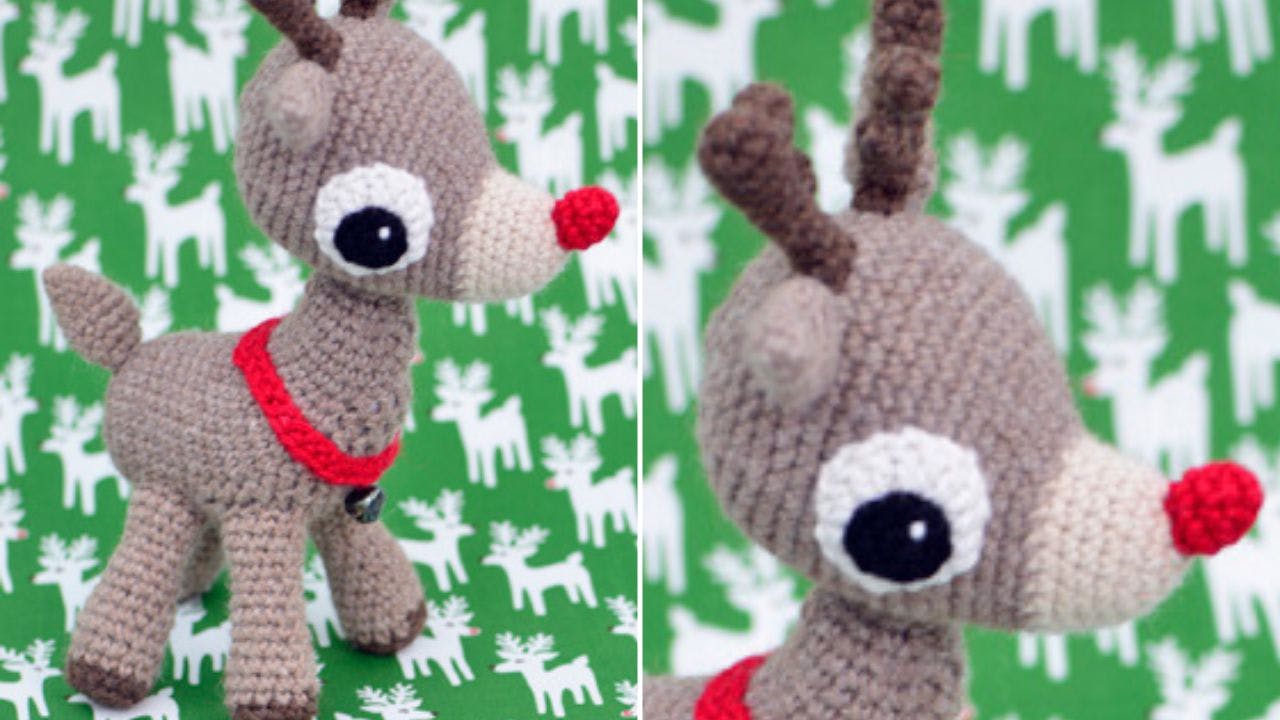 Hæklet julepynt: Rudolf med den røde tud 