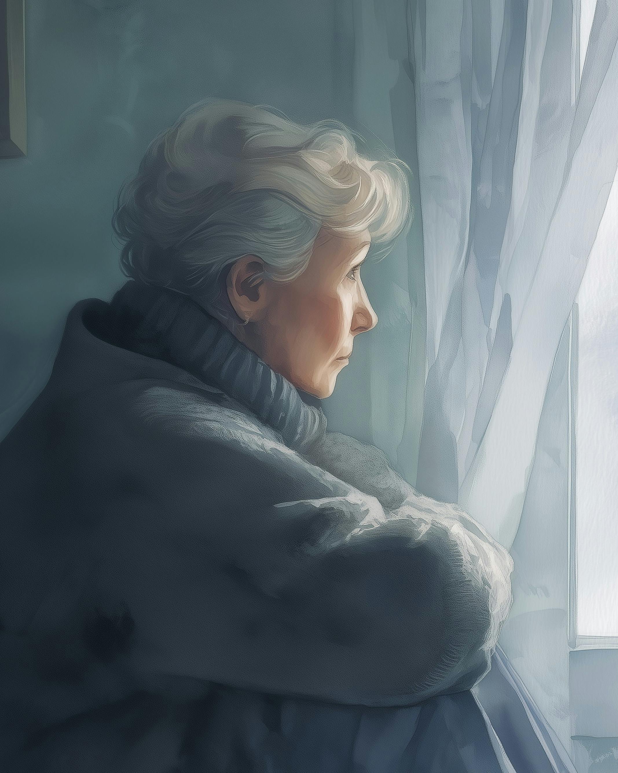 Illustration af kvinde, der ser trist ud, mens hun kigger ud af et vindue