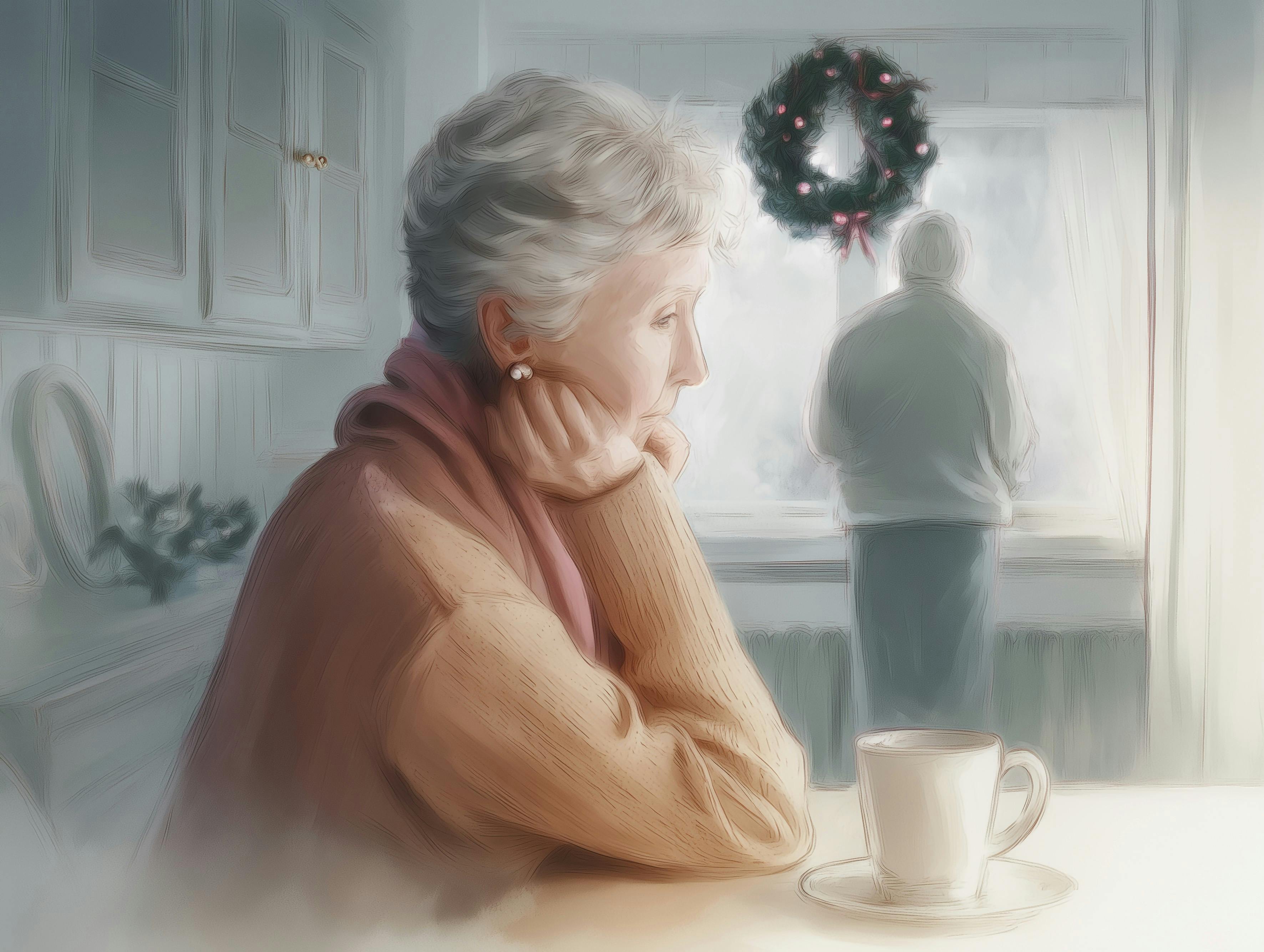 Illustration af en trist kvinde, der sidder ved køkkenbord med en kop kaffe