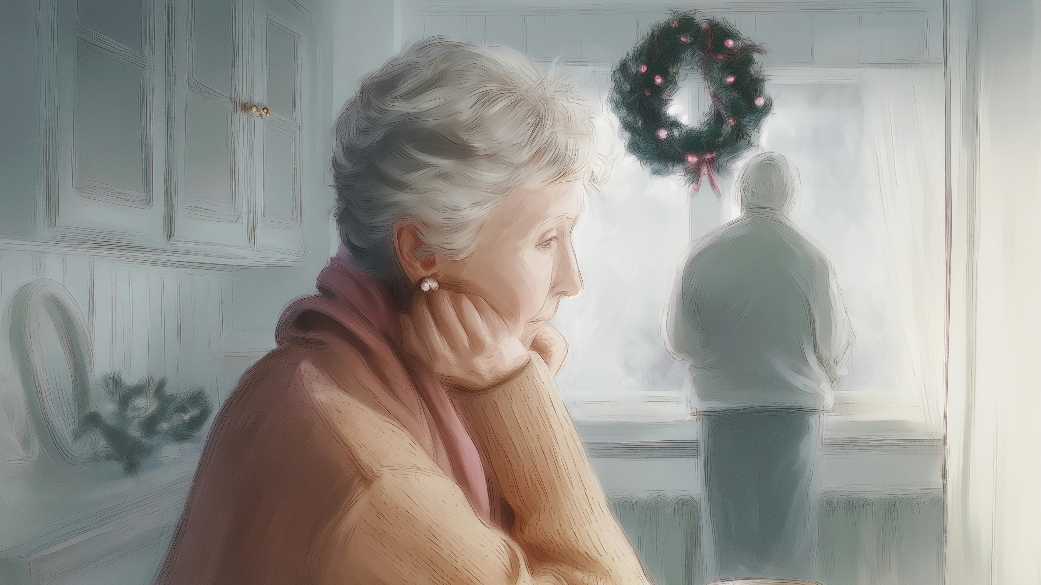 Illustration af en trist kvinde, der sidder ved køkkenbord med en kop kaffe