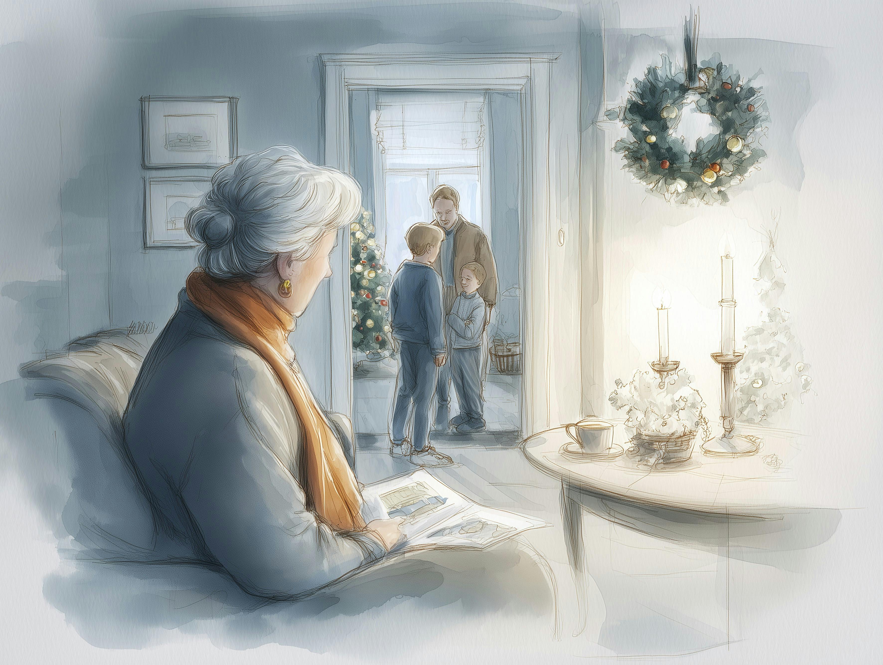 Illustration af ældre kvinde, der sidder i en stue og læser