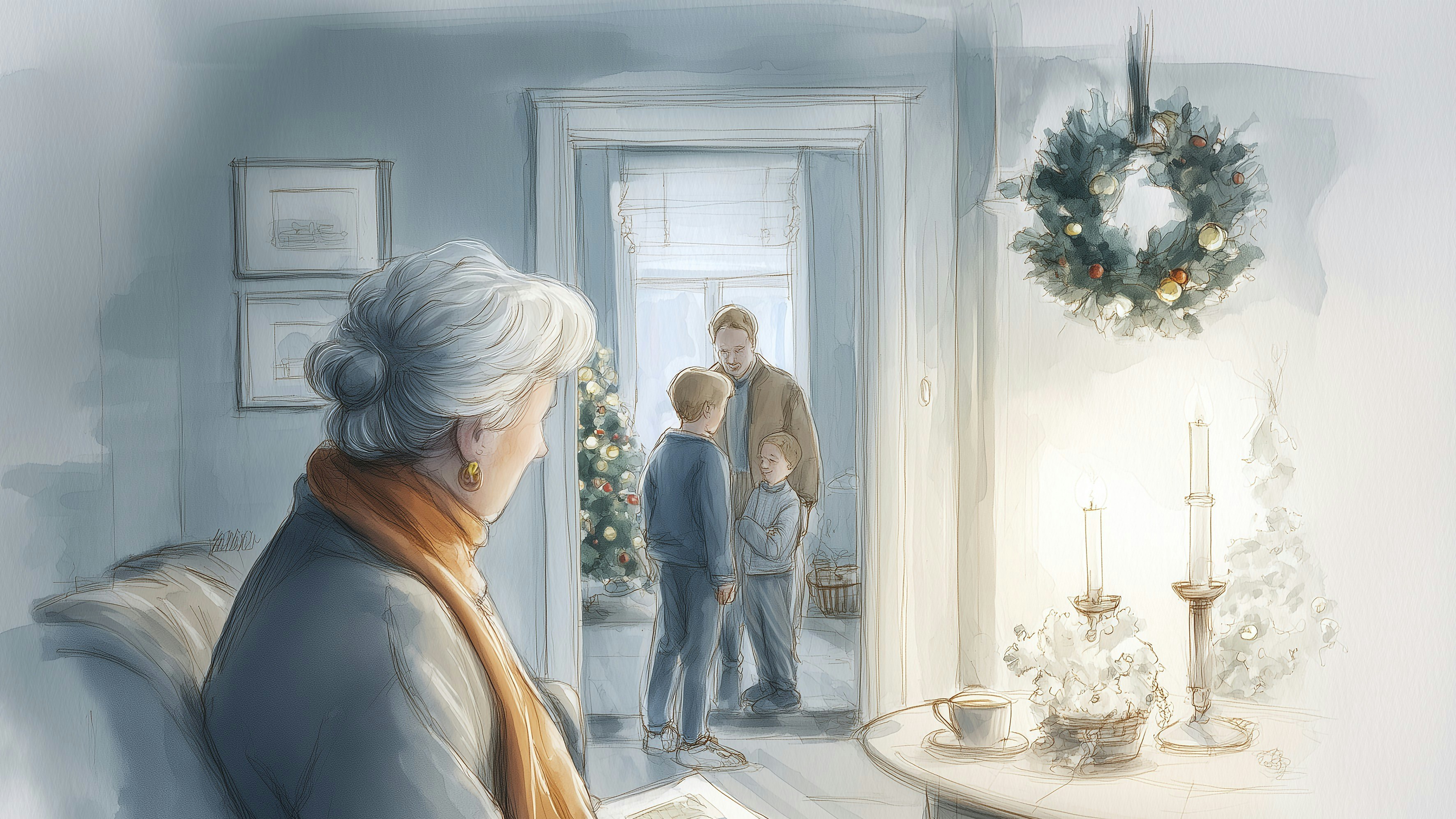 Illustration af ældre kvinde, der sidder i en stue og læser