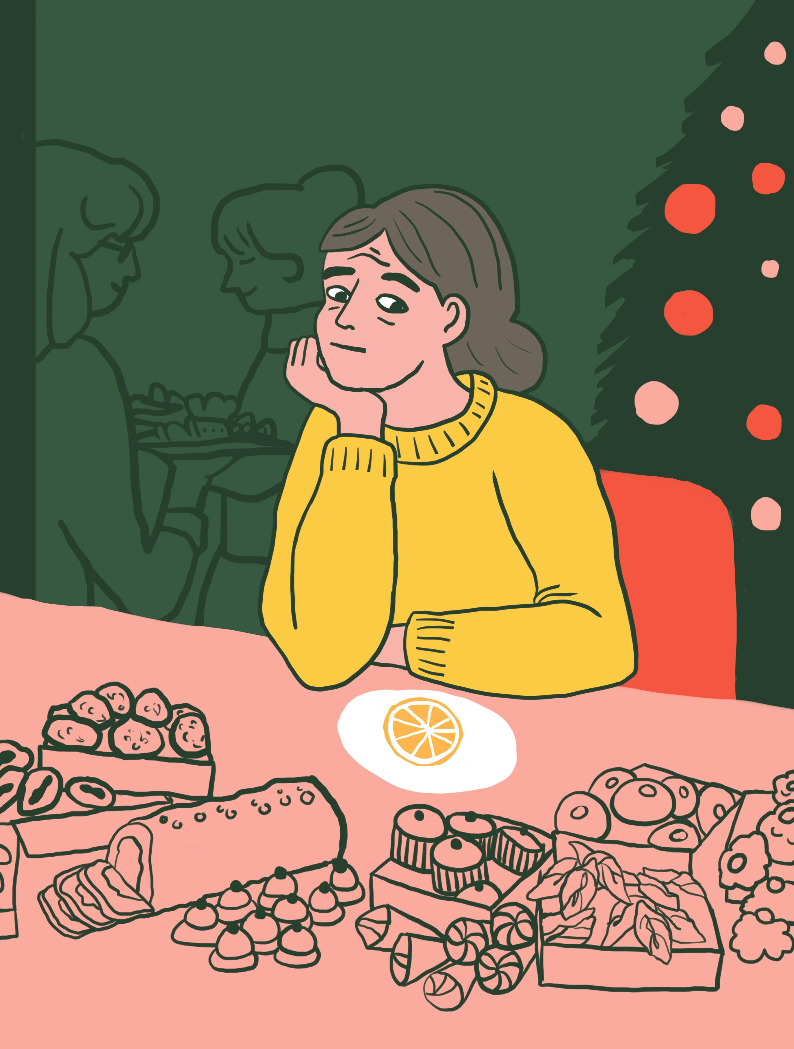 Illustration af kvinde der spiser frugt i stedet for slik til jul.