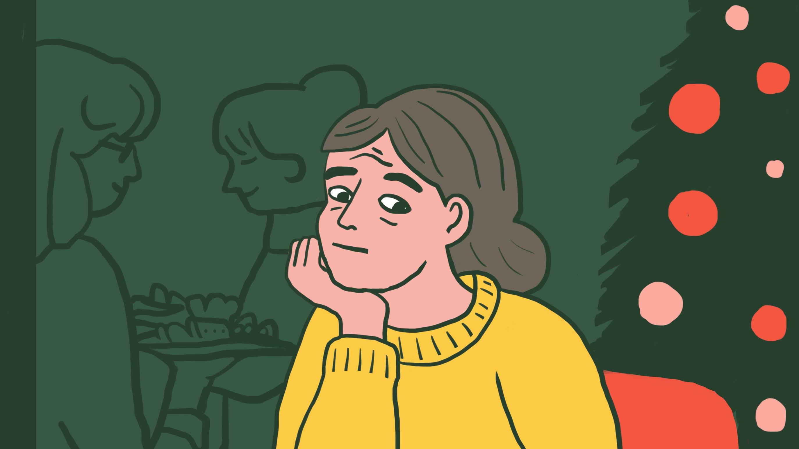 Illustration af kvinde der spiser frugt i stedet for slik til jul.