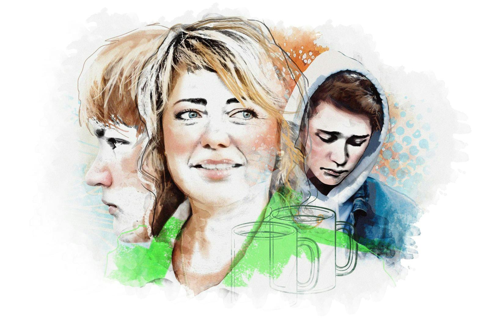 Tegning af smilende kvinde med en trist ung mand i baggrunden