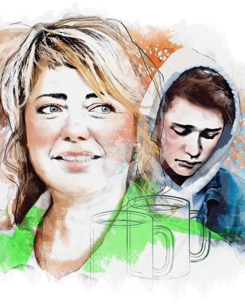 Tegning af smilende kvinde med en trist ung mand i baggrunden