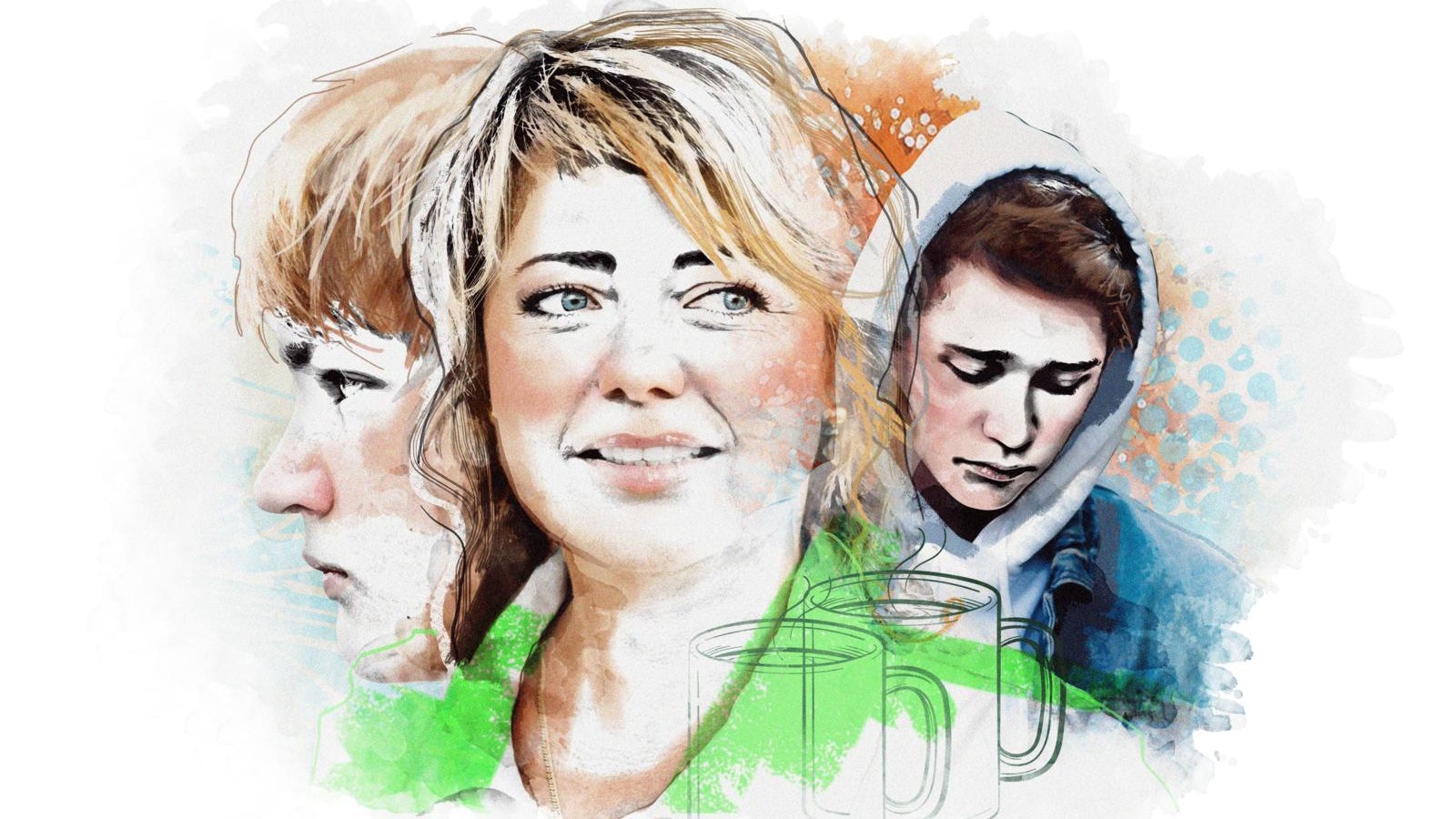 Tegning af smilende kvinde med en trist ung mand i baggrunden