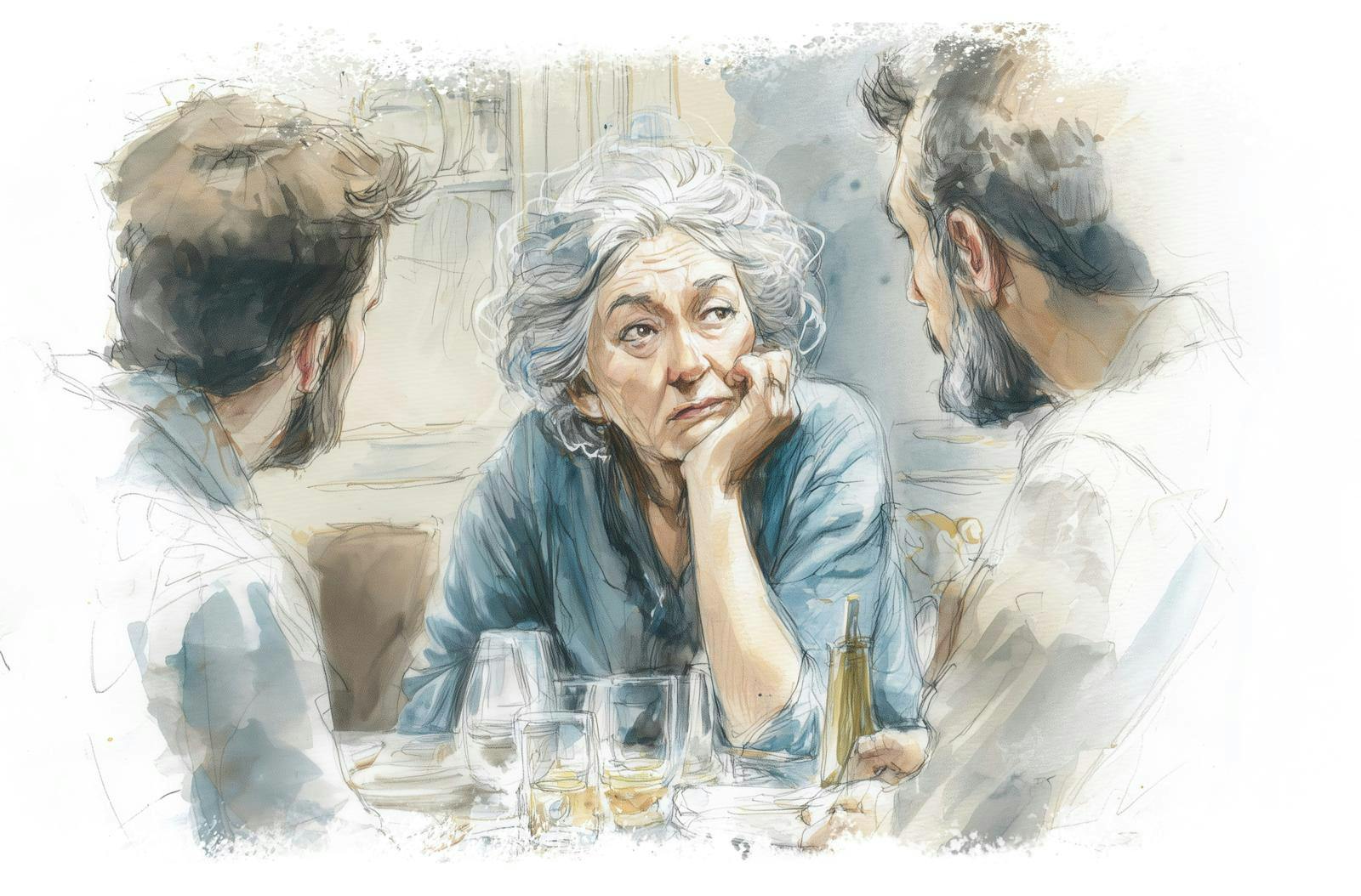 Illustration af kvinde, der sidder ved bord og snakker med to mænd