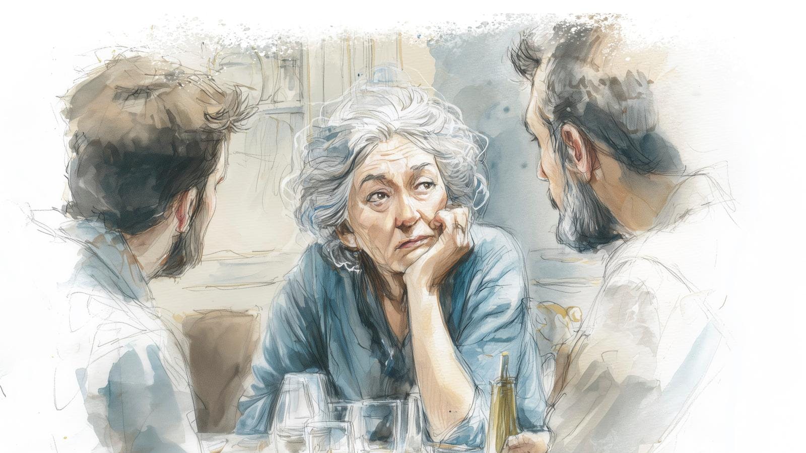 Illustration af kvinde, der sidder ved bord og snakker med to mænd