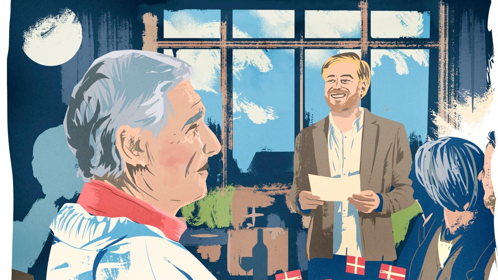 Illustration af ældre kvinde med lagkage
