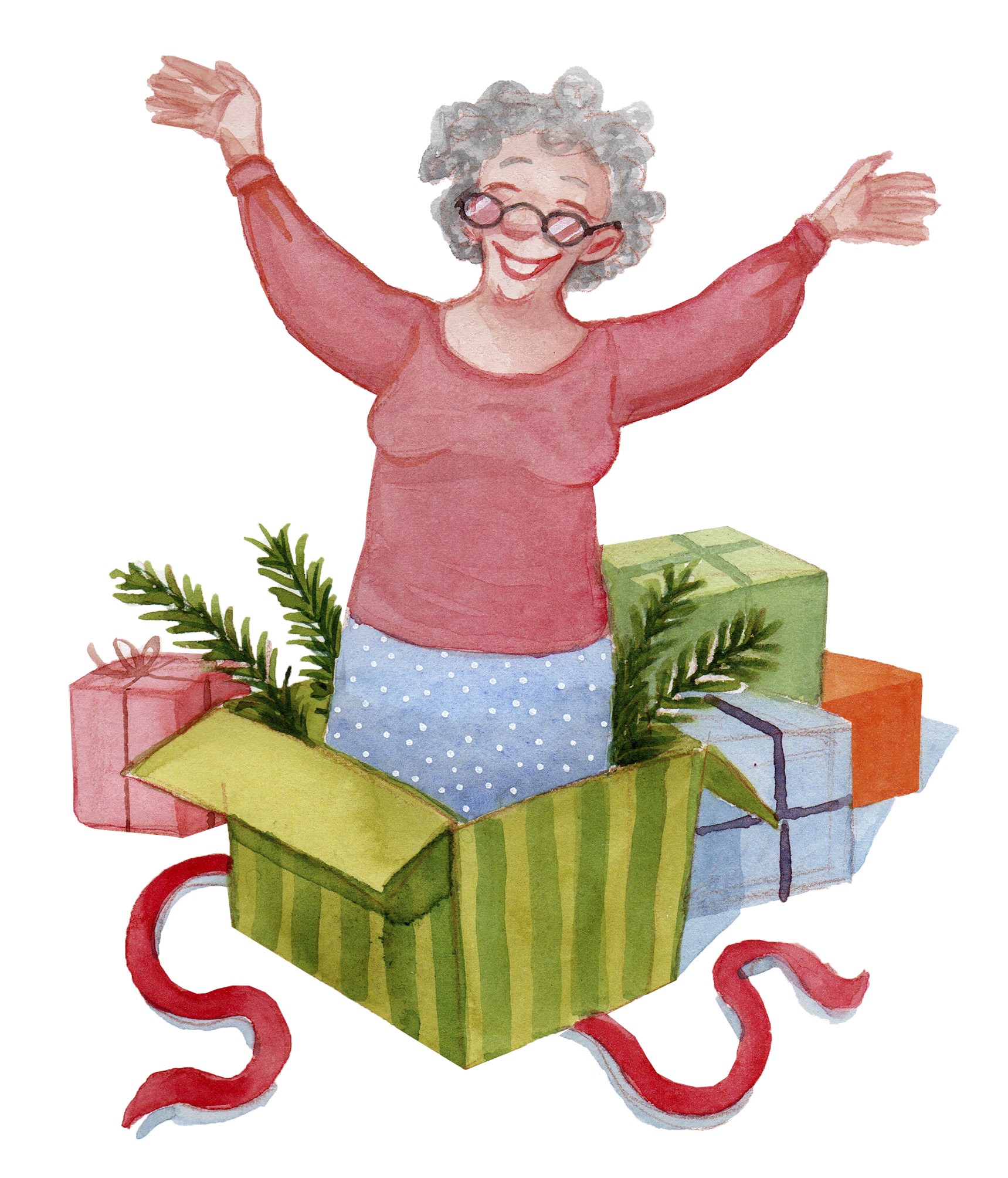 Bestemor hoppeer ud af gaveæsken