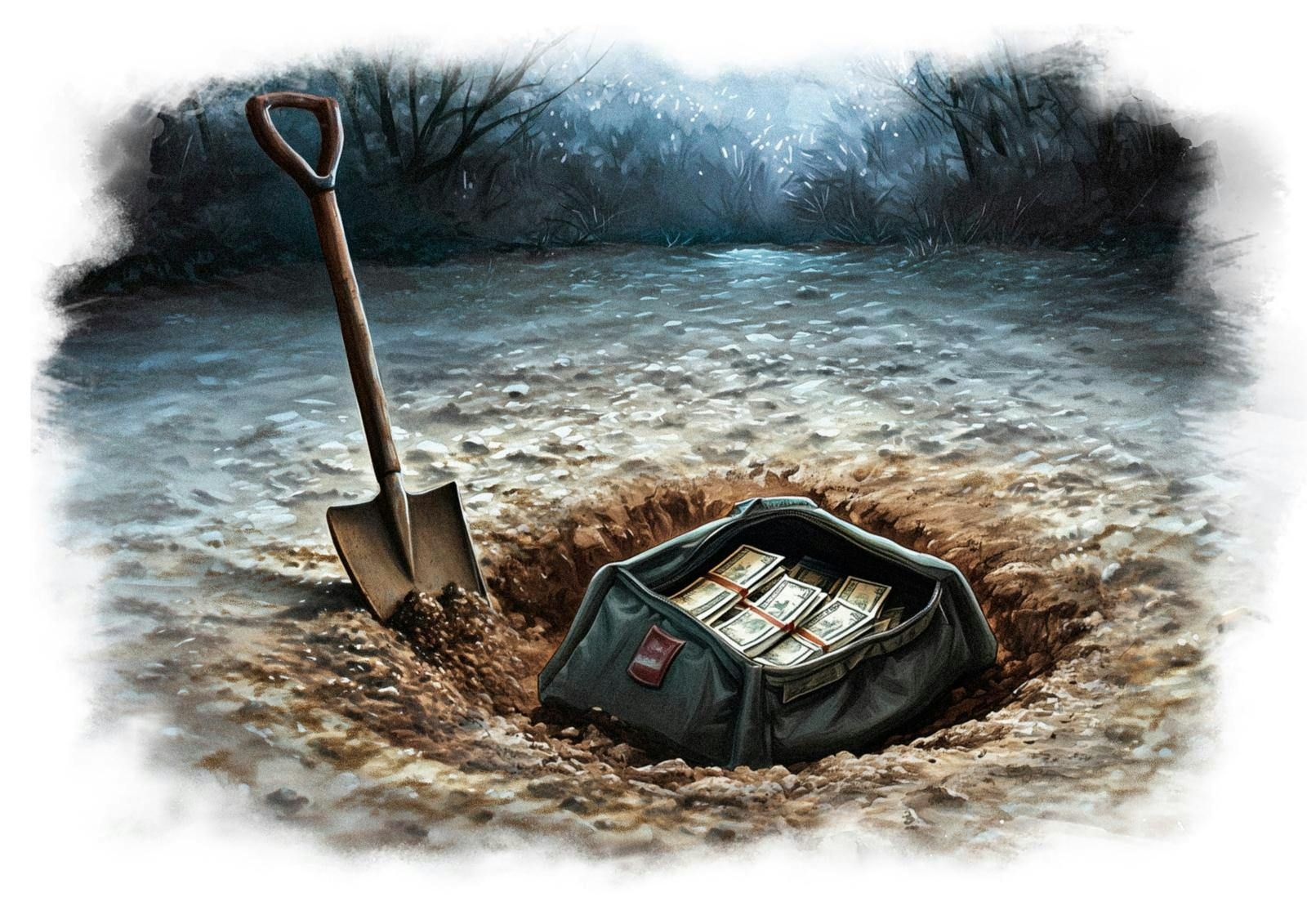 Skovl ved siden af hul i jorden, hvor der ligger en taske med penge