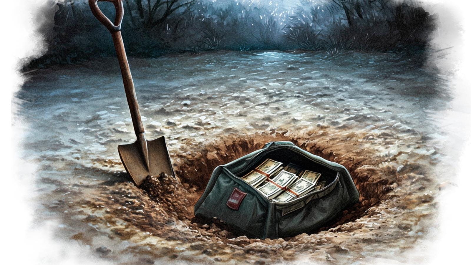 Skovl ved siden af hul i jorden, hvor der ligger en taske med penge