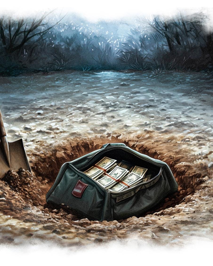 Skovl ved siden af hul i jorden, hvor der ligger en taske med penge