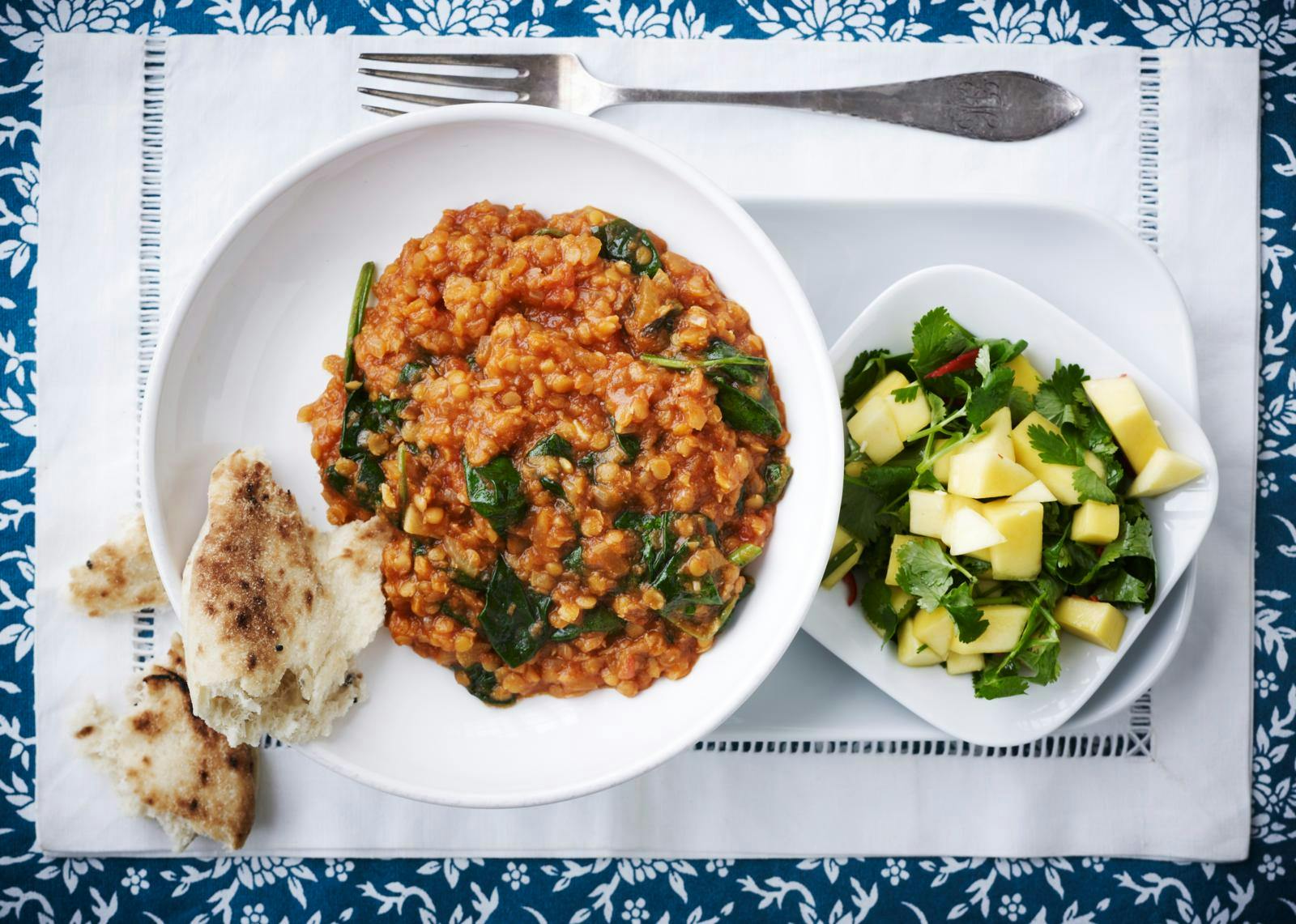 En tallerken med dhal og tilbehør