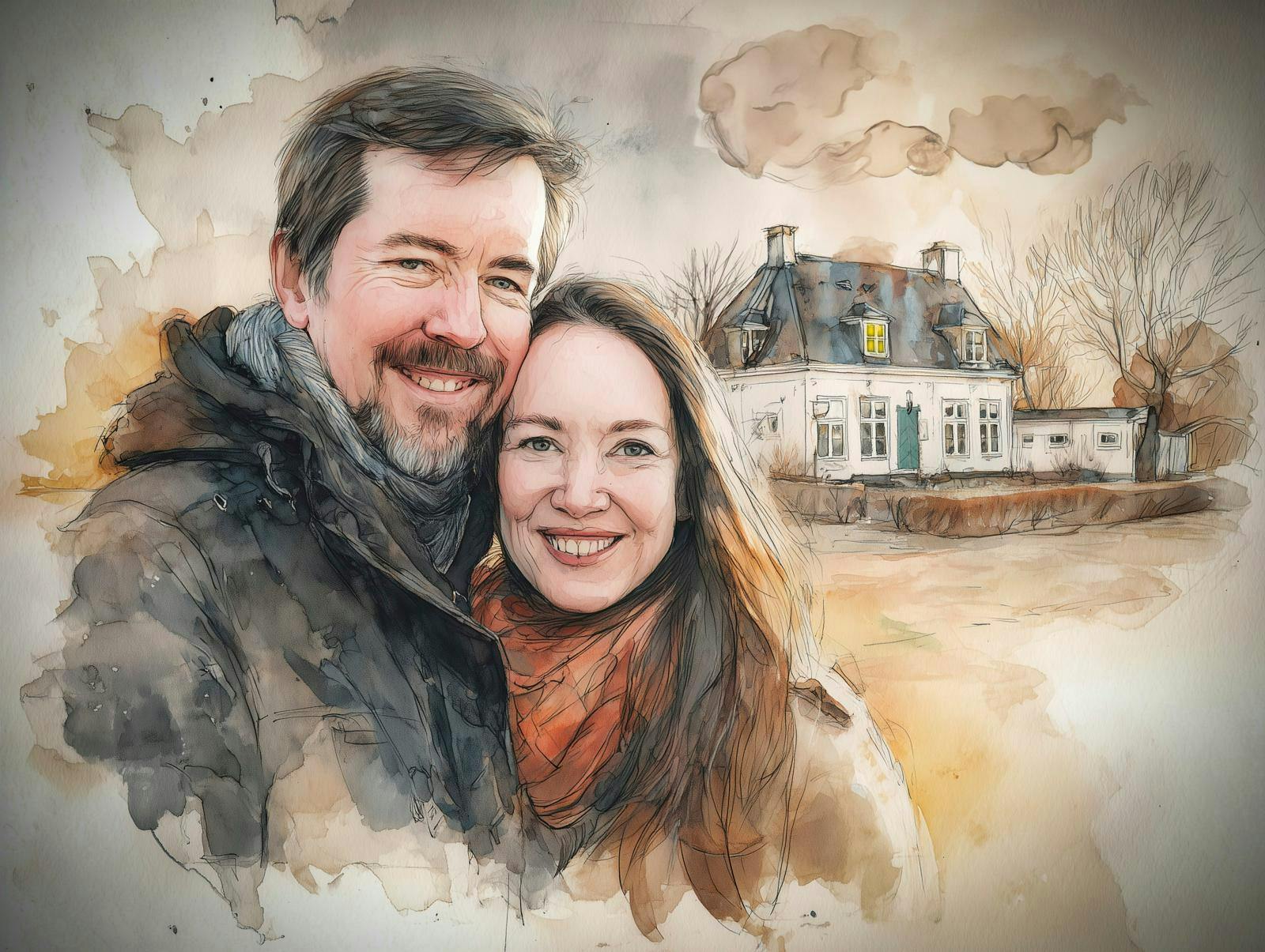 Tegning af smilende mand og kvinde foran et stort hvidt hus