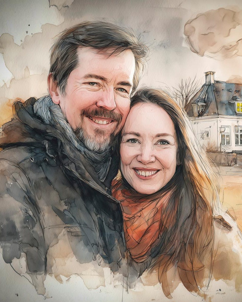 Tegning af smilende mand og kvinde foran et stort hvidt hus