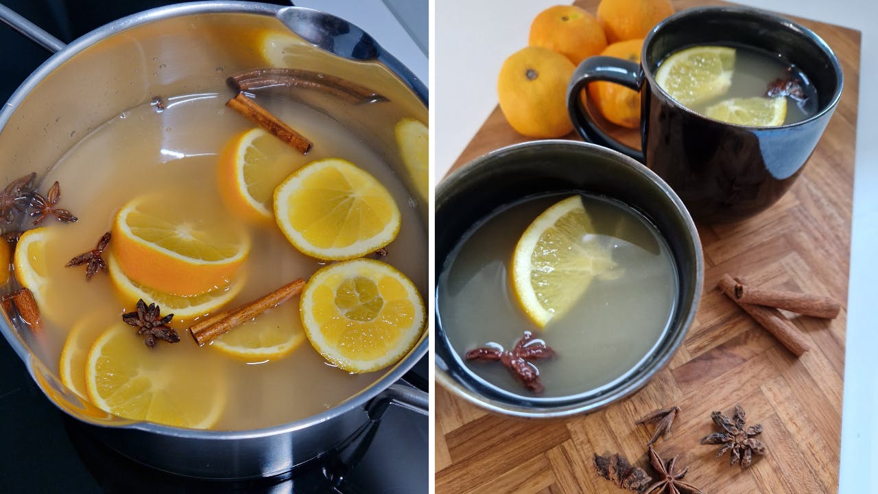Varm æblecider i gryde og i kopper