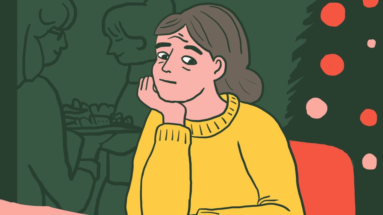 Tegning af kvinde til jul, der kigger på sukker