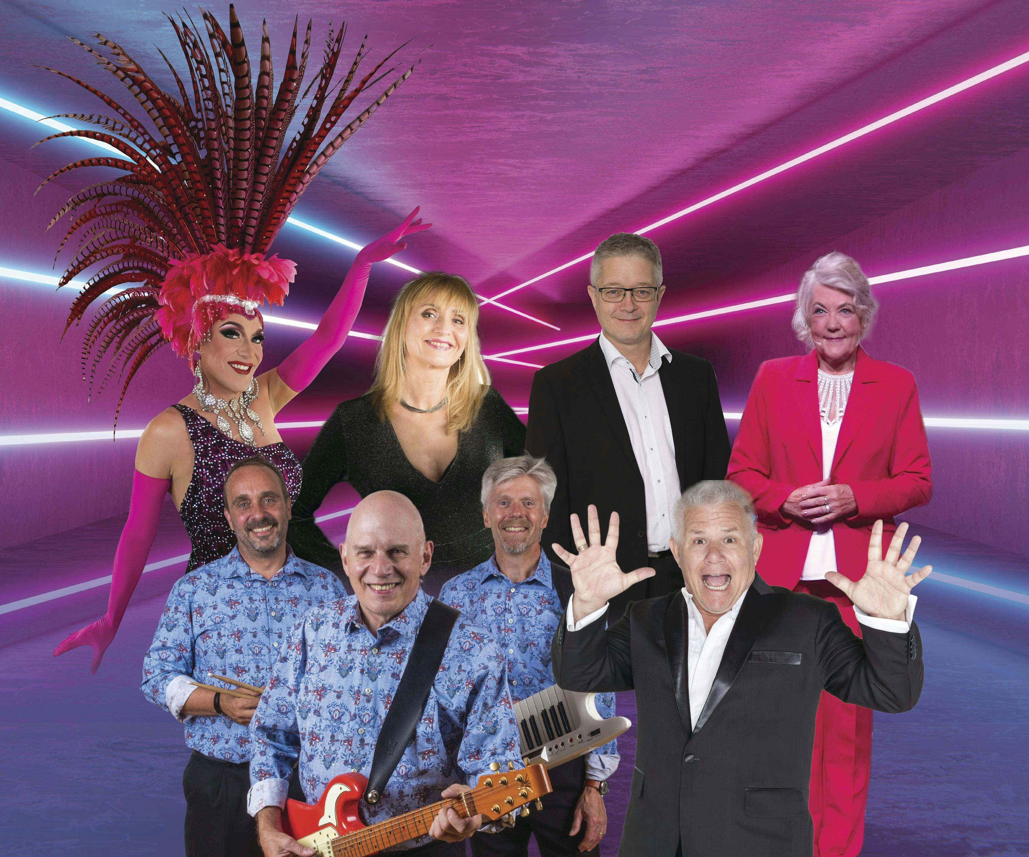 Holdet fra Dansk Slager Parade anno 2026: Drama Queen alias Peter Andersen, Mik alias Michael Jensen, Lise Haavik, Anders Bircow og husorkestret Klaus & Servants samt konferencier Karin Strand-Holm.