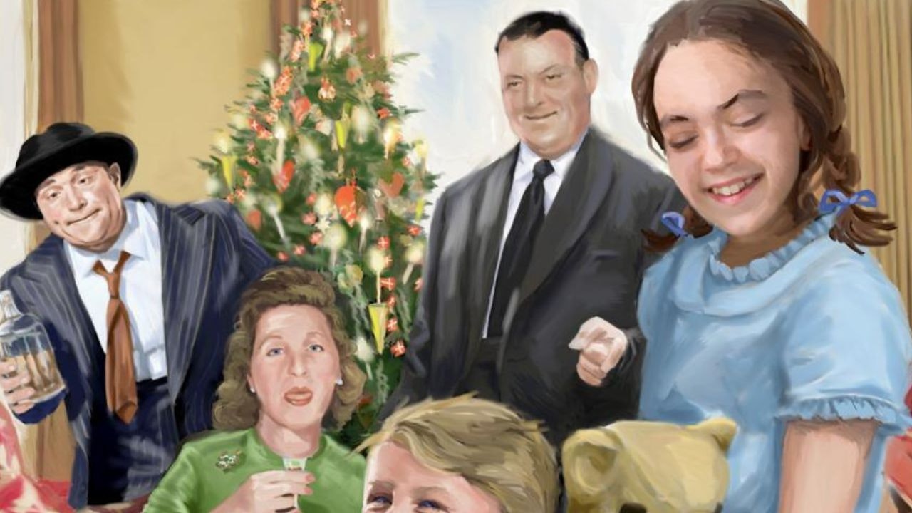 Illustration af Jane Aamund og hendes familie til jul